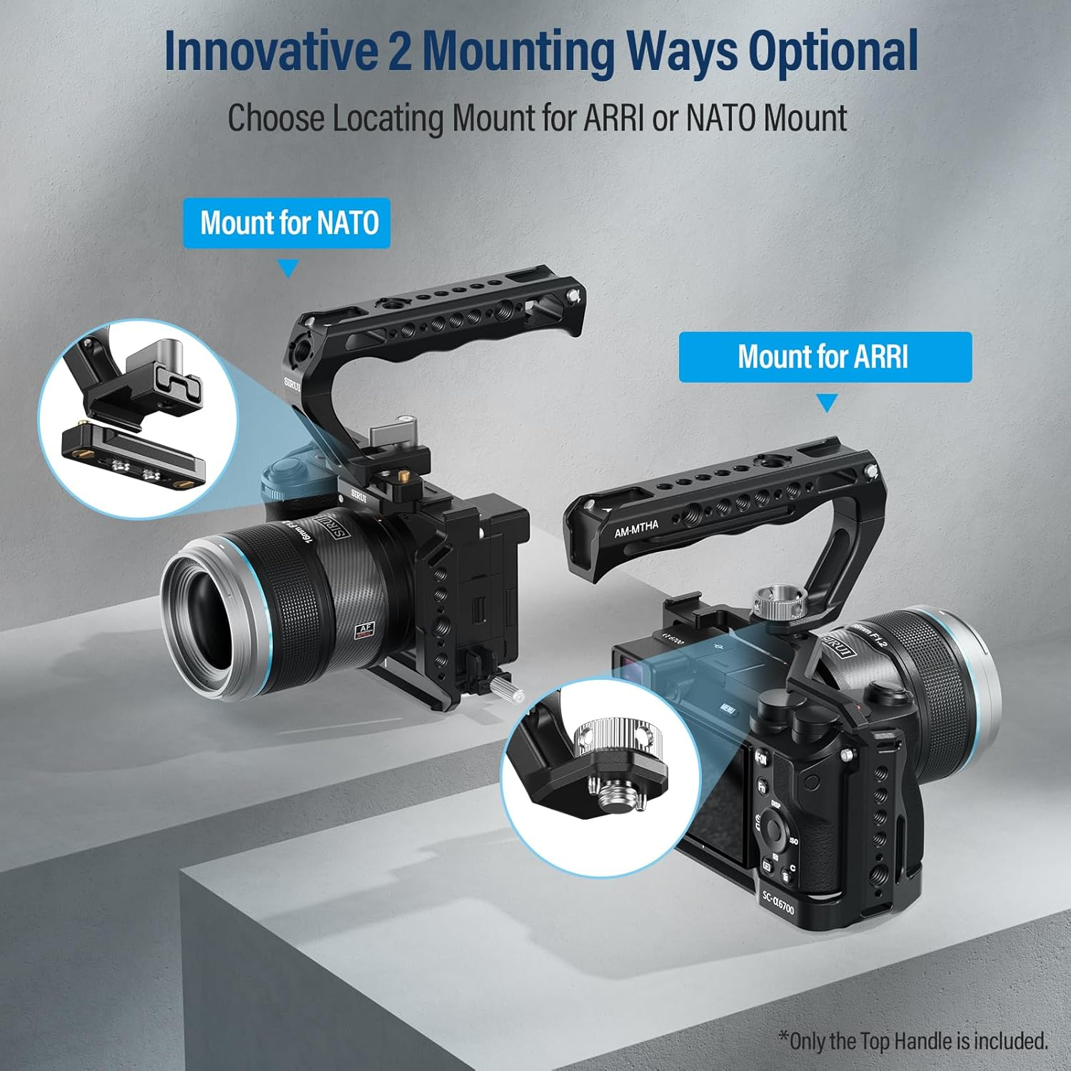 SIRUI 2 in 1 Top Handle with Locating Mount for ARRI or NATO Mount, All-Aluminium Camera Cage Handle Grip with Cold Shoe with Safety Pin, Multiple Threaded Holes, AM-MTHA, Pack of 1 image number 2