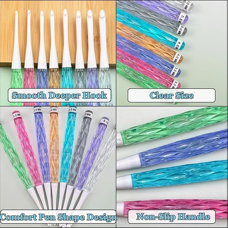 8Pcs Acrylic Crochet Hooks Set,Crystal Crochet Knitting Crochet Hooks,Non-Slip Crochet Hook Grips Crochet Hook,Plastic Crochet Hooks Ergonomic Crochet Hook Grips,Plastic Ergonomic Crochet Hook Set image number 2
