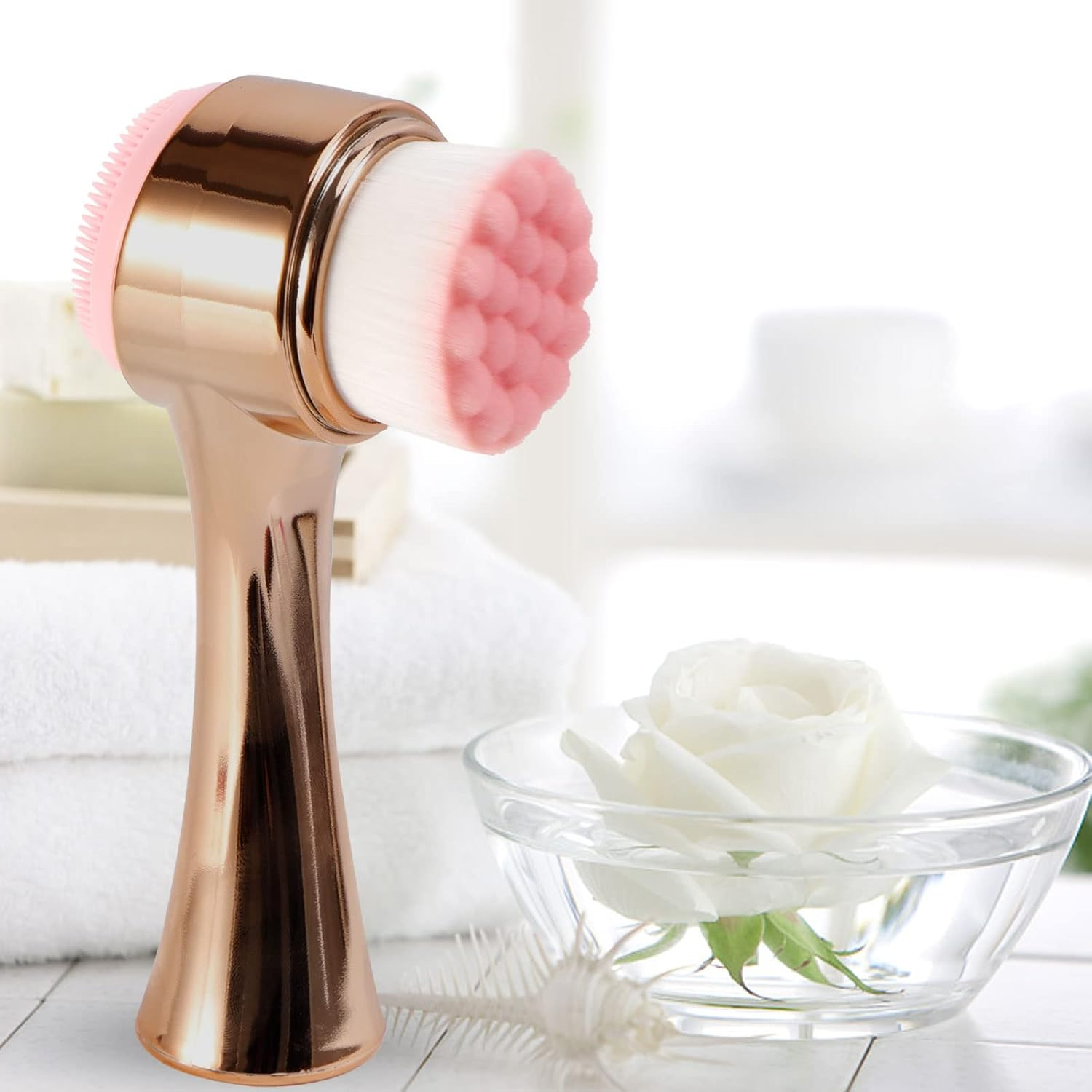 Beomeen Face Brush 2 in 1, Facial Cleansing Exfoliating Brush with Ultra Fine Soft Bristles for Pore Deep Cleansing Silicone Double Side Face Wash Scrub Brush for Skin Care, Gold image number 6