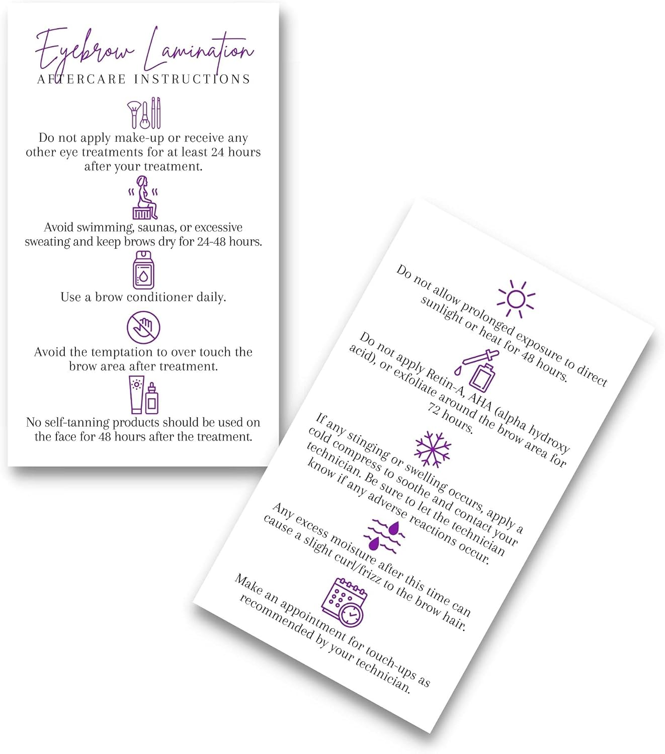 Brow Lamination Aftercare Card | 50 Pack | 2X3.5&rdquo; Inches Business Card Size | Starter Lift Kit at Home DIY Brow Lift and Tint | Snatched Brows White with Purple Design
