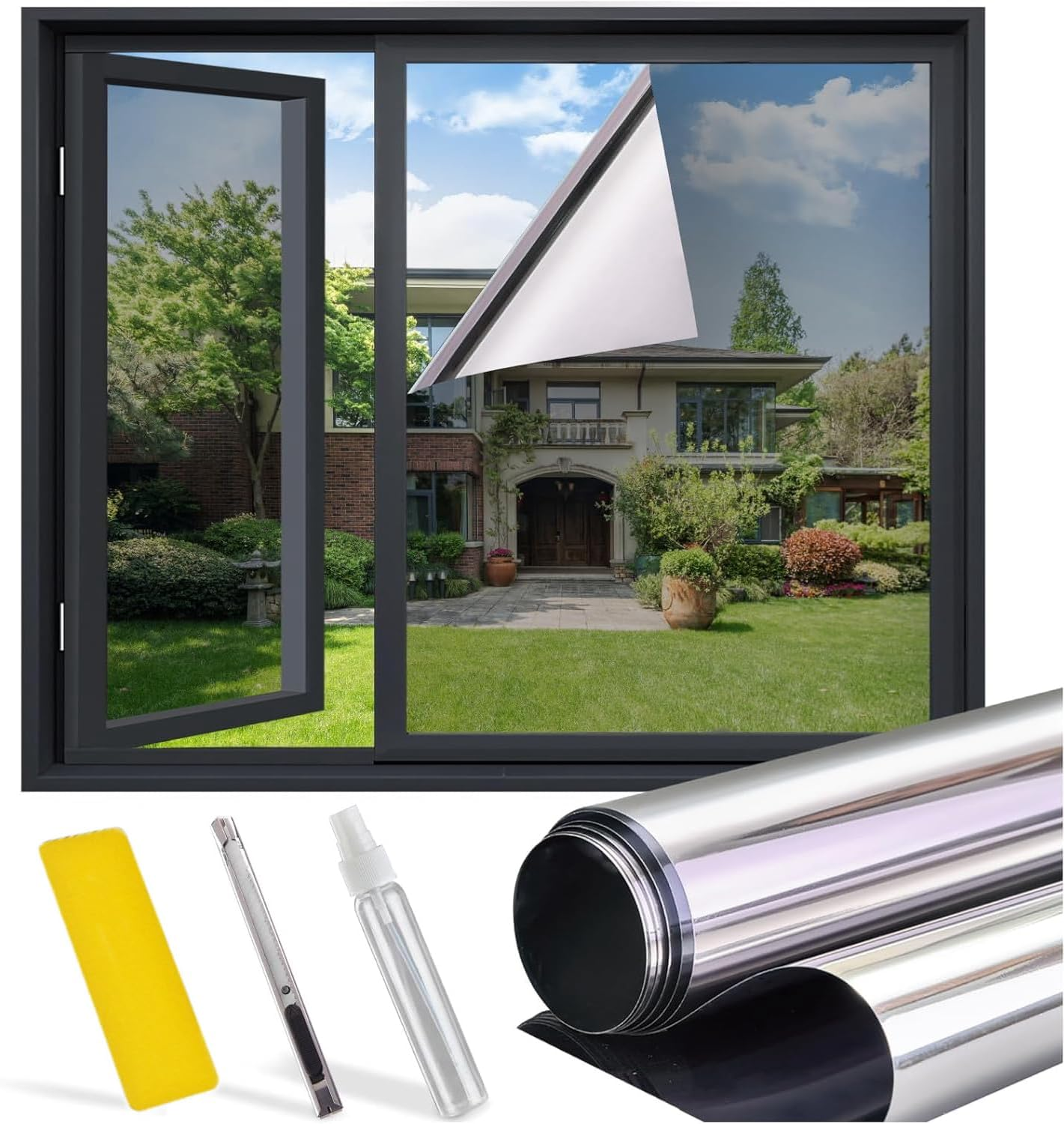 One Way Privacy Window Film (With Tool),Daytime Privacy Mirror Effect,Reflective Mirror Home Window Insulation Film,Self-Adhesive UV Sun Protection,17.5X78.7 in (Silver, 44.5X200)