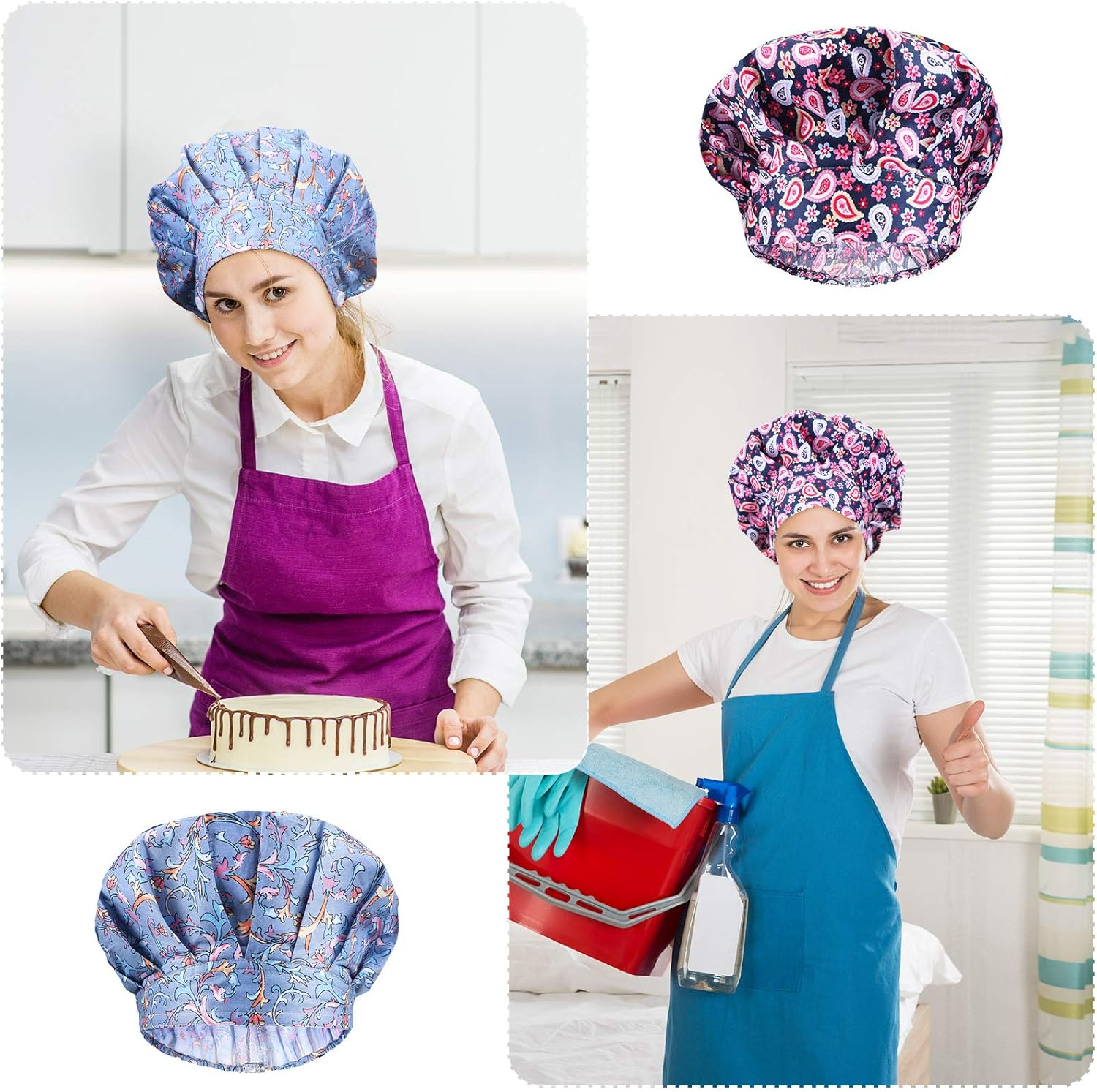 Geyoga 5 Pieces Adjustable Bouffant Caps with Buttons Printed Tie Back Hats with Sweatband Hat for Women Men, 5 Styles, Multi Color, 1