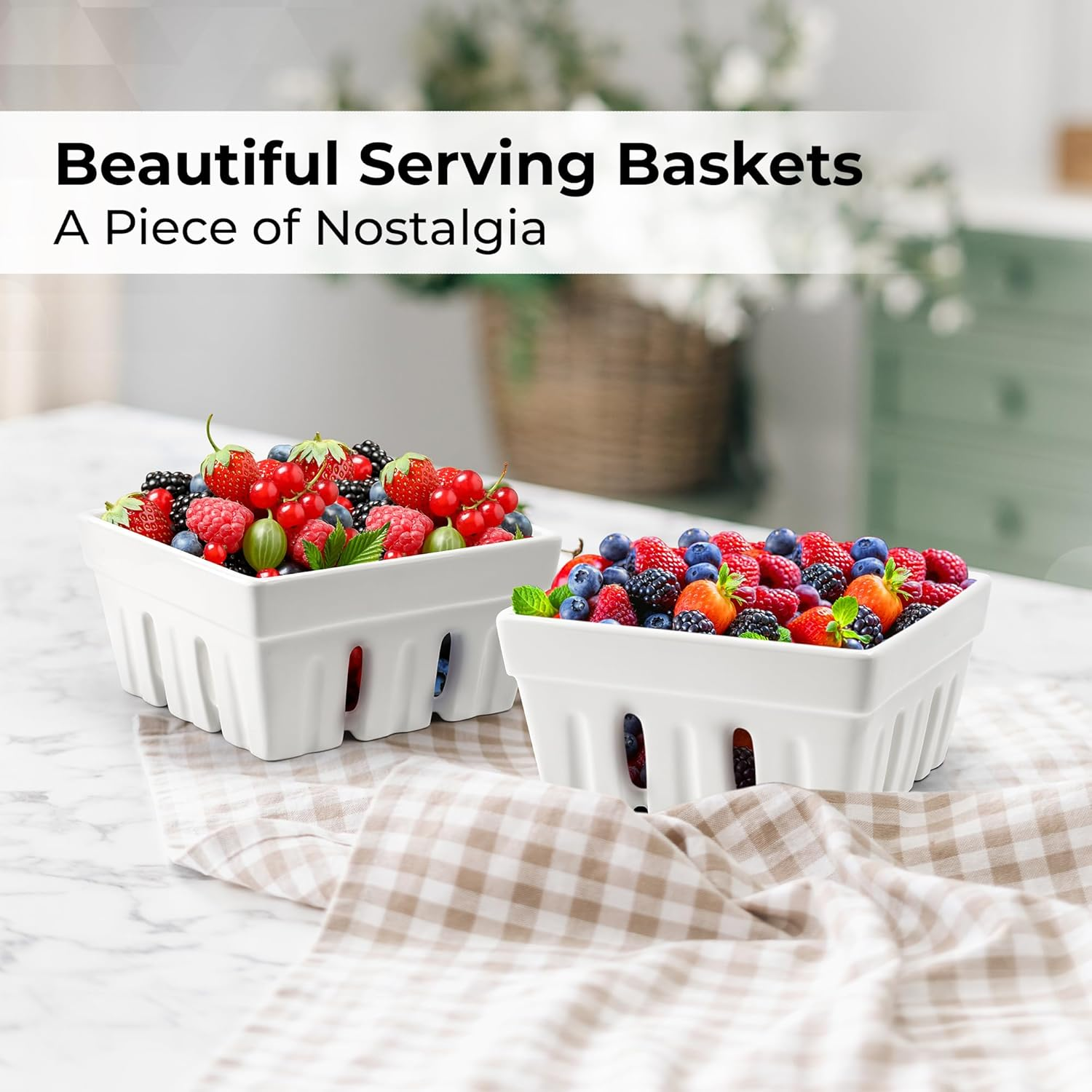 MIAMIO - Ceramic Berry Basket Set of 2 / Cute Kitchen Fruit Bowl with Draining Holes/Strawberry Storage Container image number 4