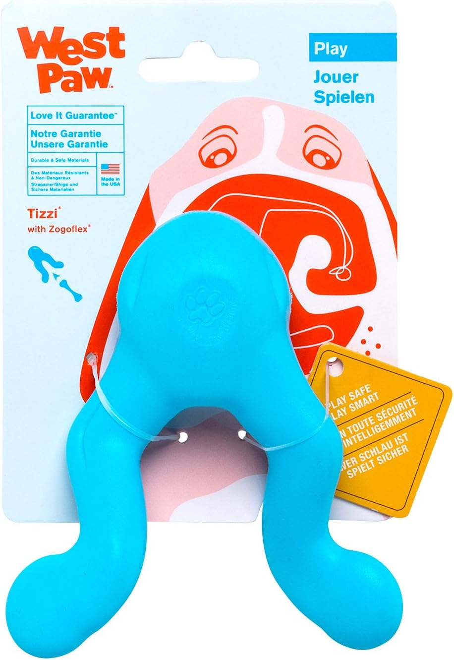 West Paw Zogoflex Tizzi Interactive Treat Dispensing Dog Fetch Play Toy, 100% Guaranteed Tough, It Floats!, Made in USA, 7-Inch Large, Aqua