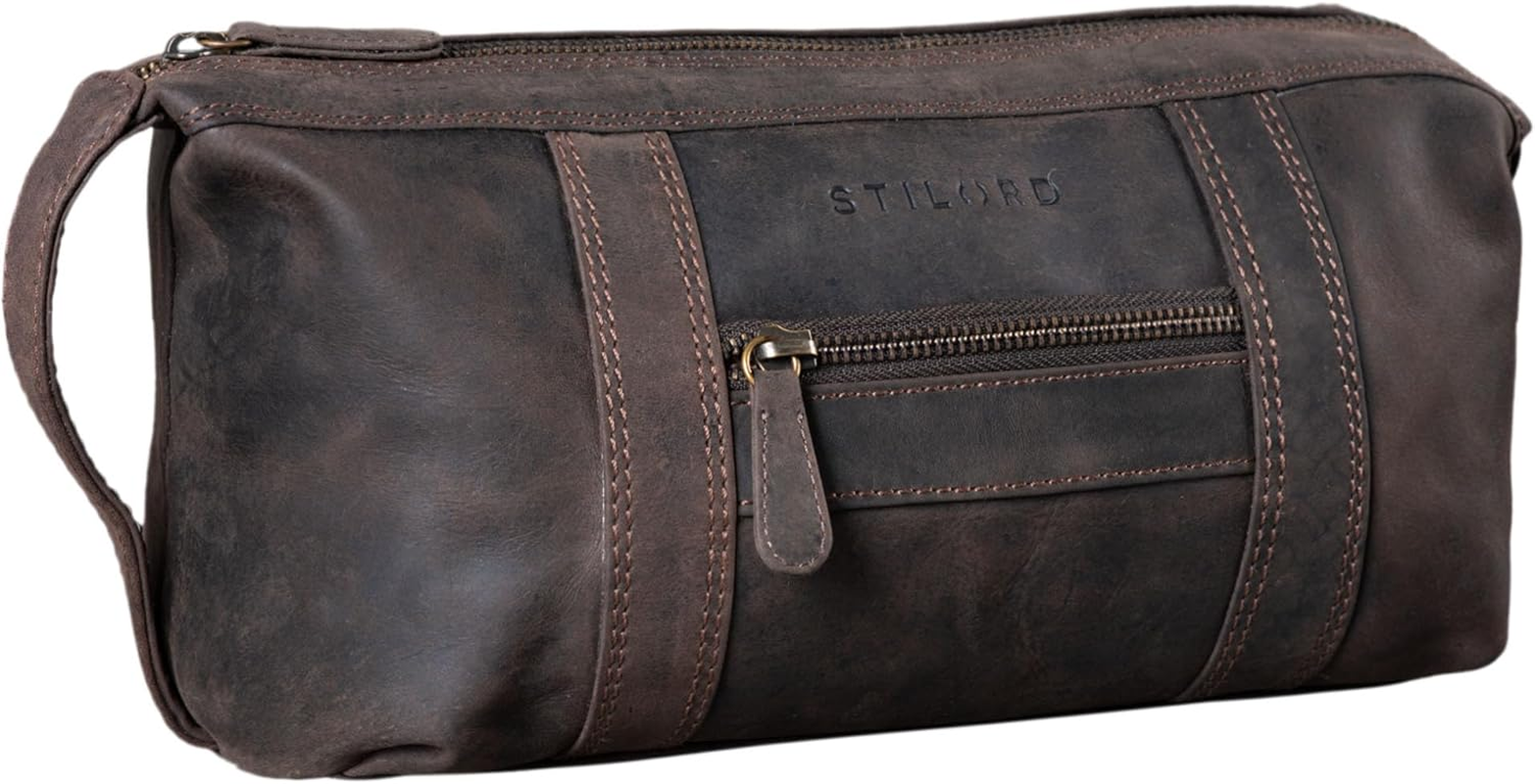 STILORD 'Bruno' Leather Toiletry Bag Vintage for Men Women Large Toiletry Bag Two Compartments Wash Bag with Handle for Travel