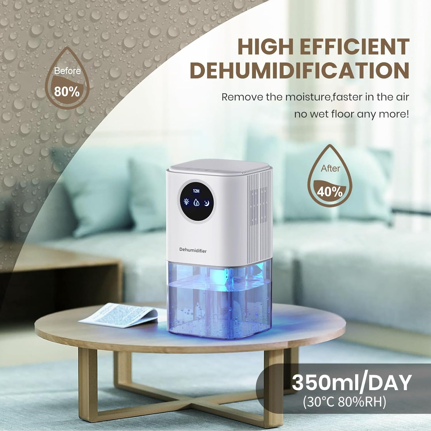 Dehumidifier for Home &ndash; 1.7L Quiet Dehumidifier with LED Ambient Night Light, Auto Defrost, Auto Shut Off, Portable & Energy Saving for Bedroom, Closet, Bathroom, Basement image number 4