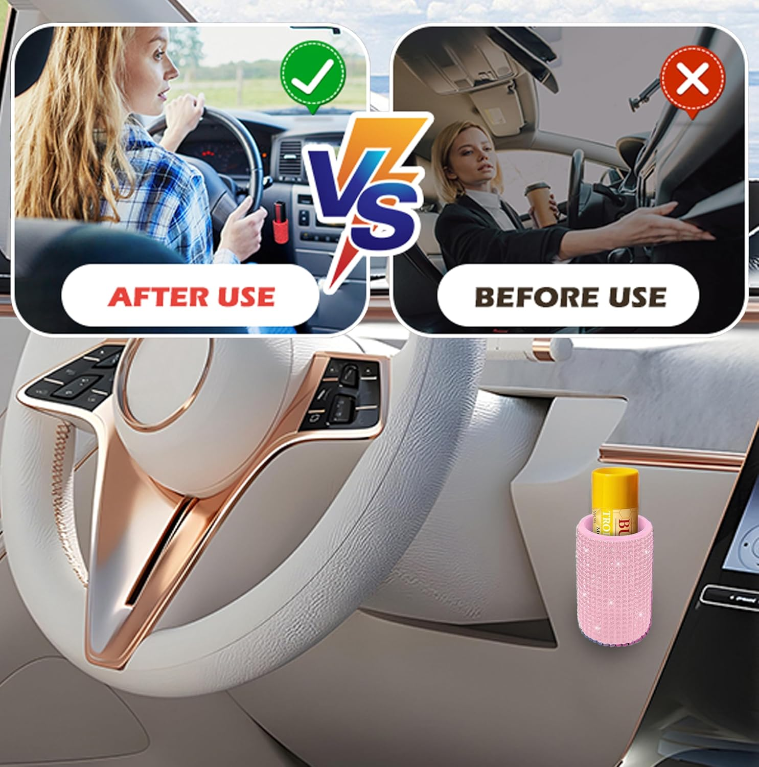 1 Pack Upright Car Chapstick Holder, Bling Lip Balm Holder,Rhinestone Car Interior Accessories for Women ,Suitable for Most Vehicles (Pink) - Leopard Print image number 2