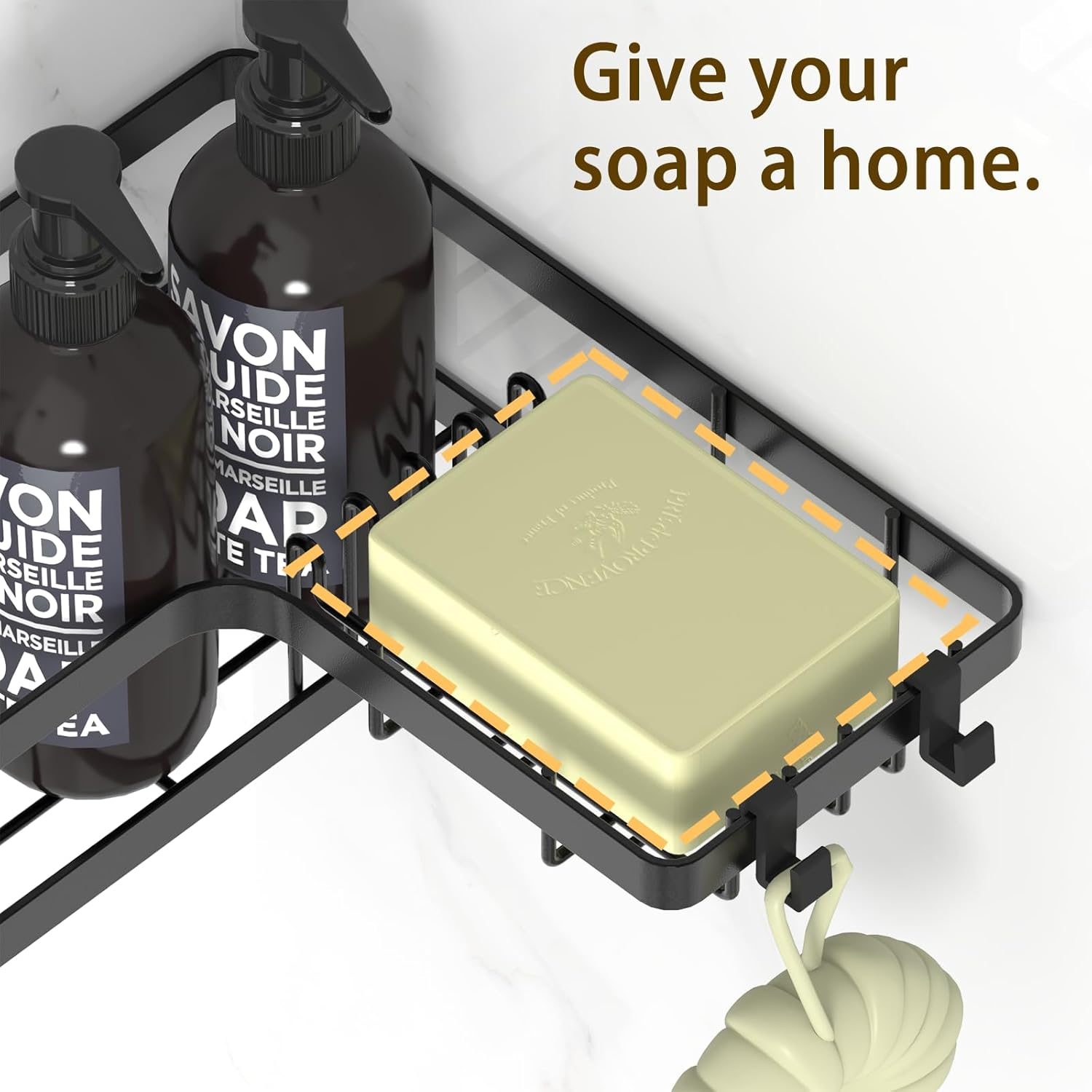 Gabeeriso Soap Holder Bathroom Shelf 2-In-1,Corner Shower Caddy,2 Pack Bathroom Shelves with 12 Hooks,Black Rust-Resistant Adhesive Shower Shelf No Drilling. (L-Shaped Black 2-Pack) image number 5