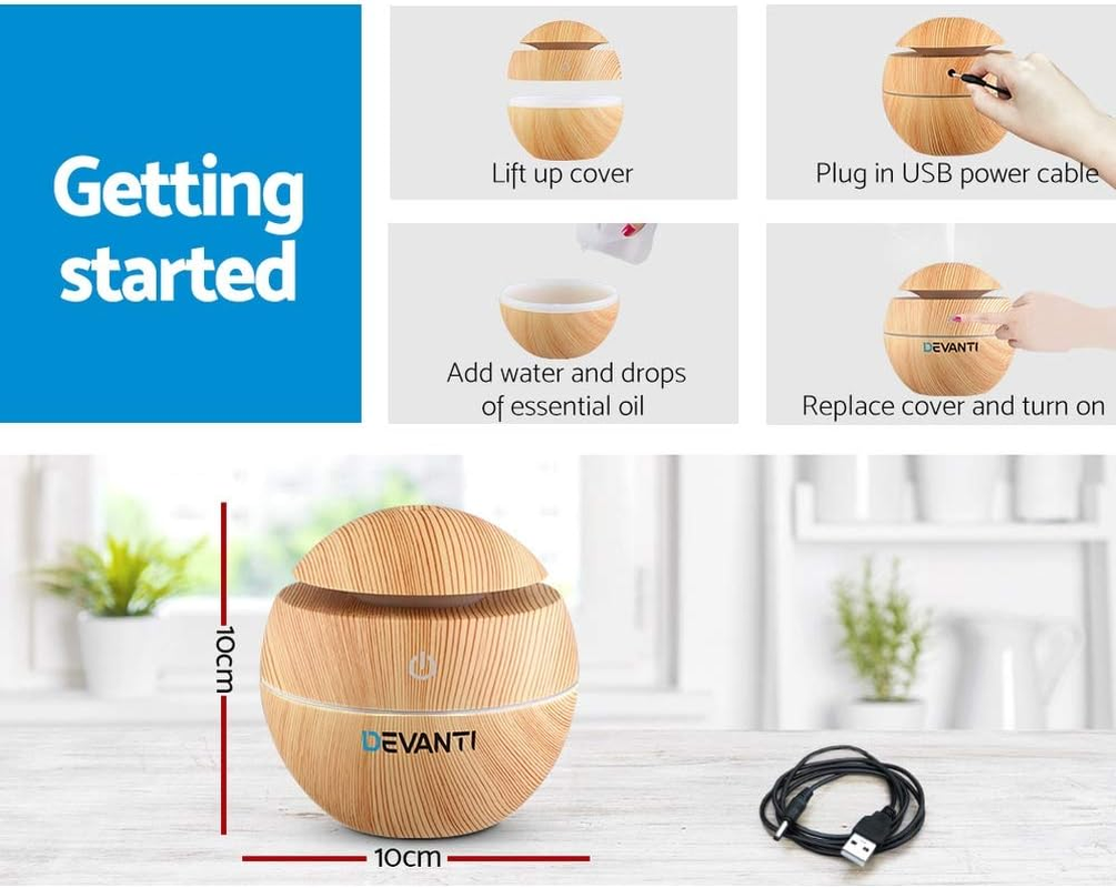 Devanti Aroma Diffuser, 130Ml Wood Grain Air Humidifier Purifier Essential Oils Car Freshener Vaporizer Aromatherapy Diffusers Scent Booster Home Office Bedroom Humidifiers Steam, 7 Led Light image number 4