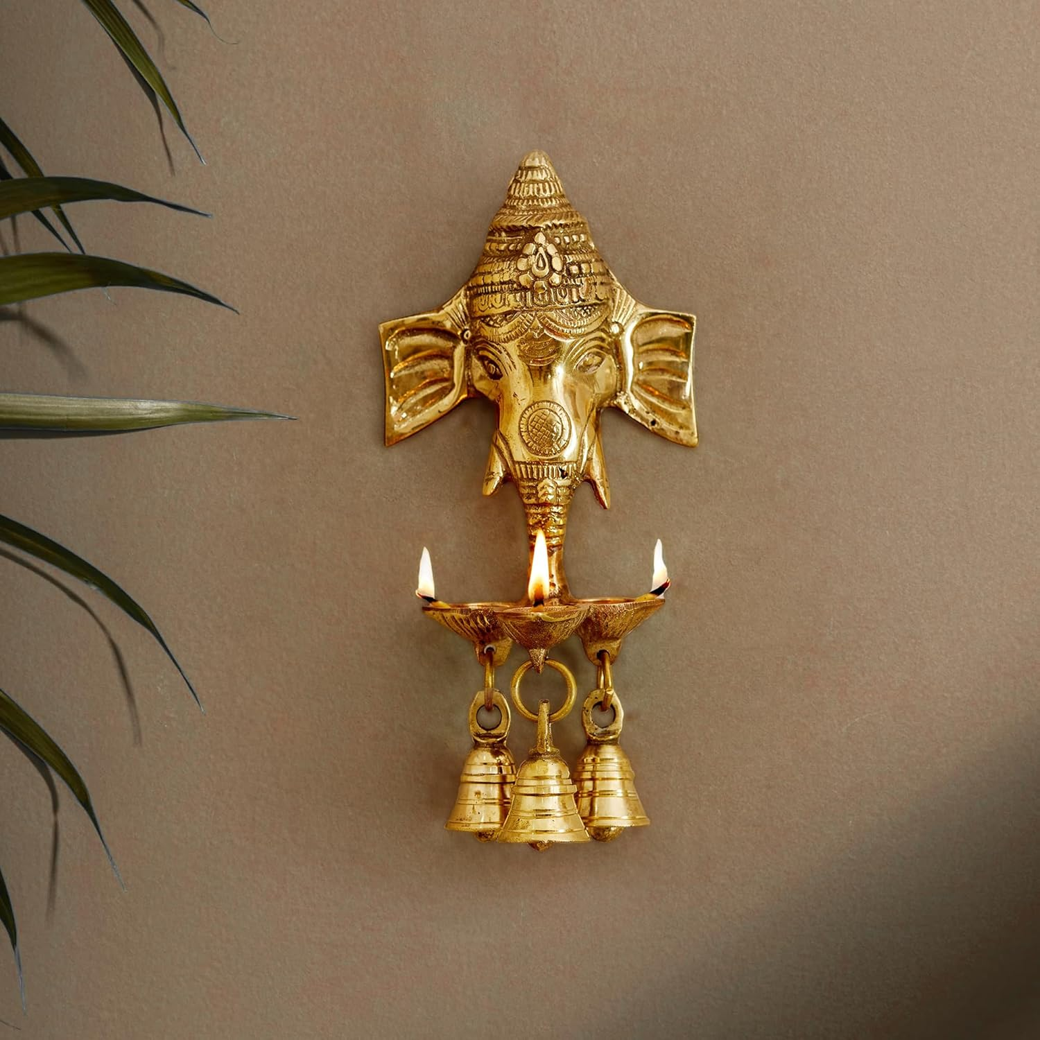 TIED RIBBONS Ganesha Wall Hanging with Diyas Bell | 9 Inch | Metal Ganesh Face Wall Decoration | Indian God Idol | Traditional Wall D&eacute;cor Ganpati Statue for Diwali Decorations, Ganesh Chaturthi image number 2