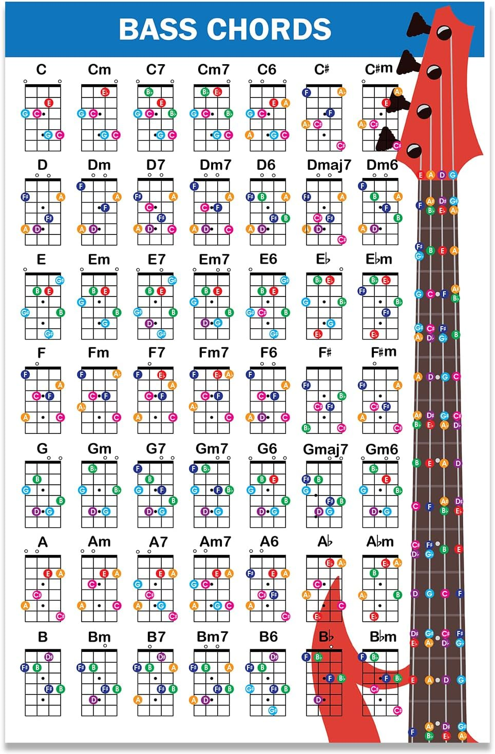 QMG Bass Guitar Chord Poster (11"X17"), Bass Guitars Accessories, Laminated Bass Chord Chart, 49 Color Coded Chords, Beginner Bass Chords Chart for Learn to Play Music Theory image number 3