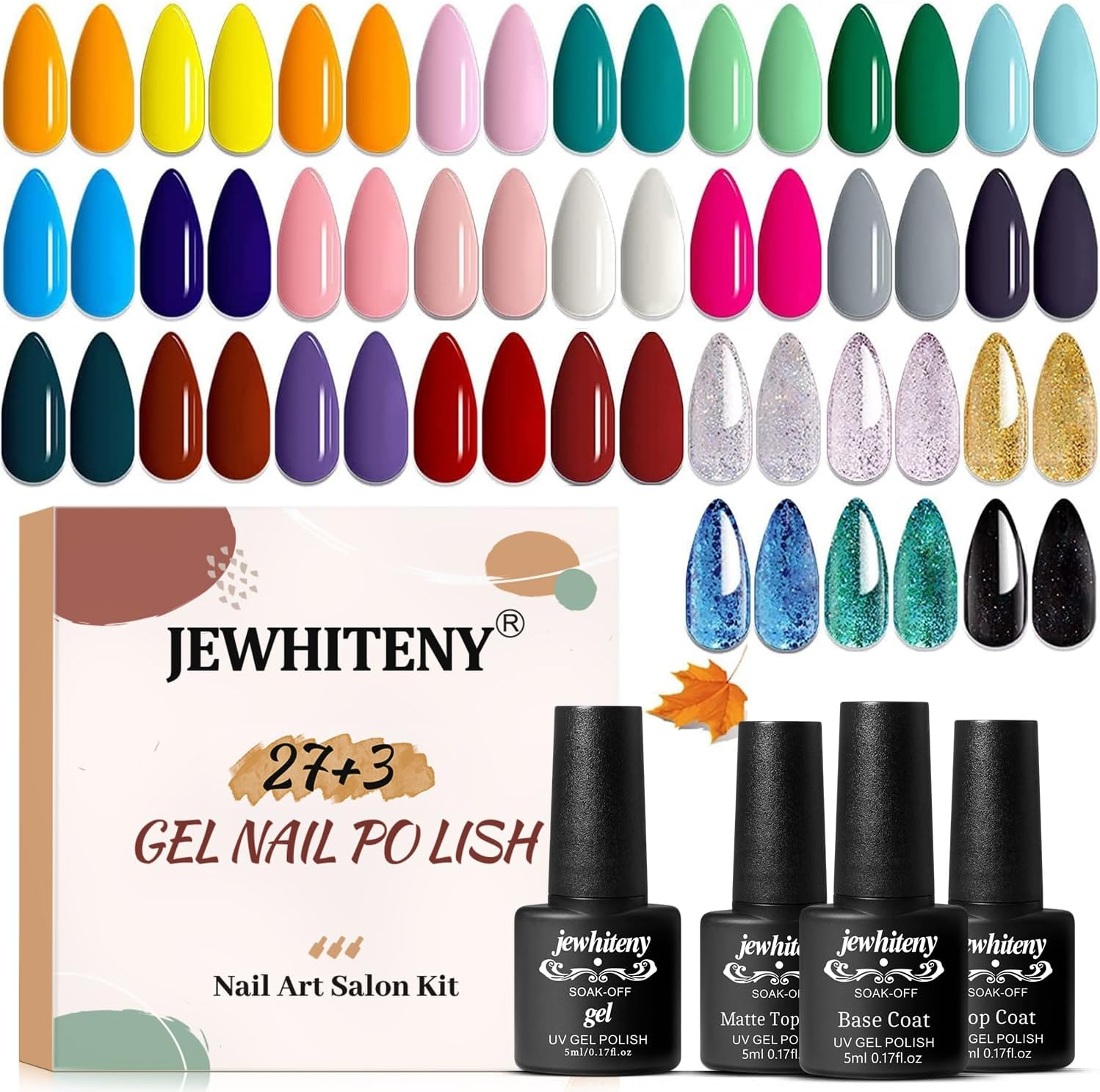 JEWHITENY 30PCS Nail Polish Kit 27 Colors Green Blue Pink Orange Gitter Sock off Gel Polish with Matte& Glossy Top Base Coat for DIY Nail Art Manucure at Home Salon image number 1