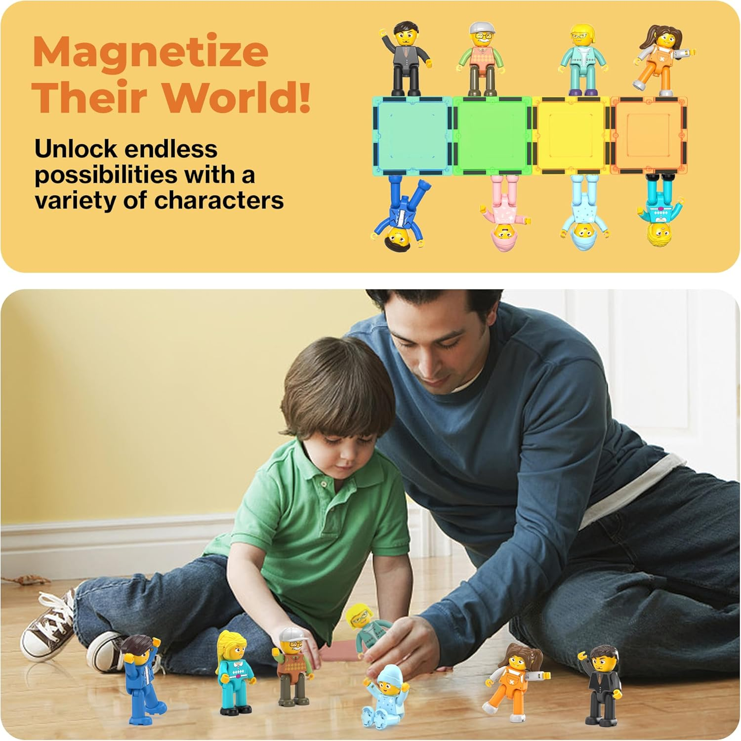 Picasso Toys Magnetic Action Figures 8 Piece Family Character for Construction Building Block Tiles Toddler Toy Set Magnet Expansion Variety Pack Educational STEM Learning Kit Pretend Playset PTA11