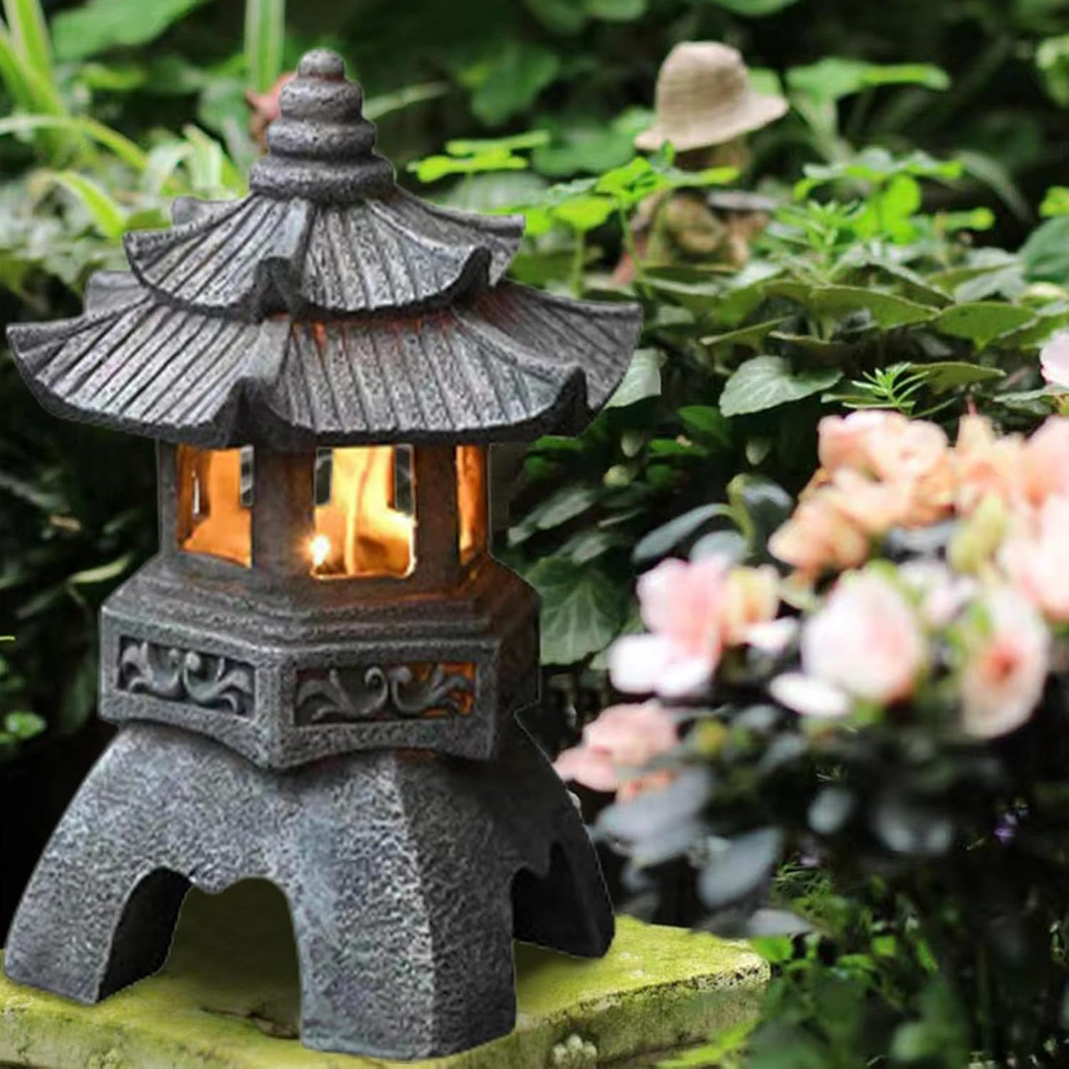 Solar Lantern - Stone Japanese Pagoda Lantern Statue, Solar Powered Yard Lights for Pathway, Court, Front Yard image number 4