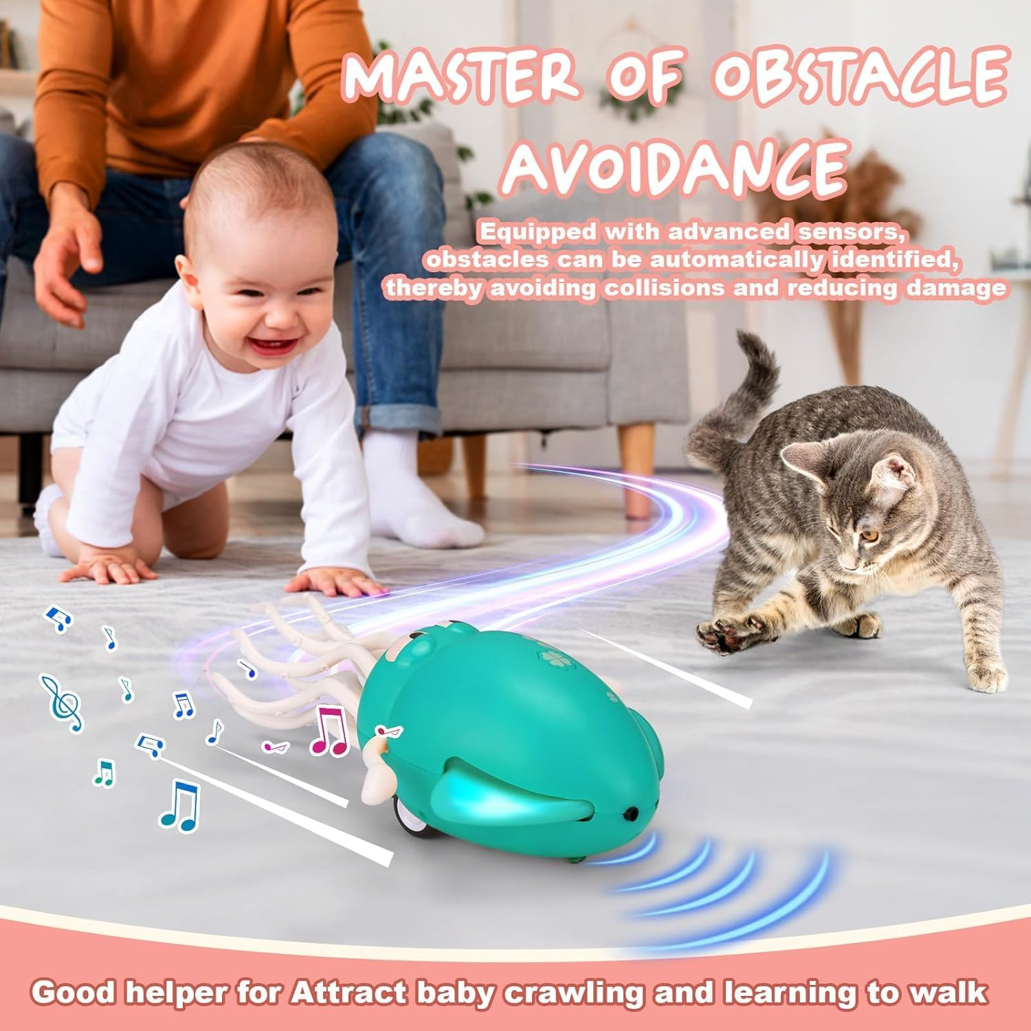 Electric Dancing Octopus Toy, 2025 New Crawling Dancing Automatic Obstacle Avoidance Octopus Sensor Toy，Crawling Tummy Time Toys for Kids，With Lights & Music (Yellow) image number 6