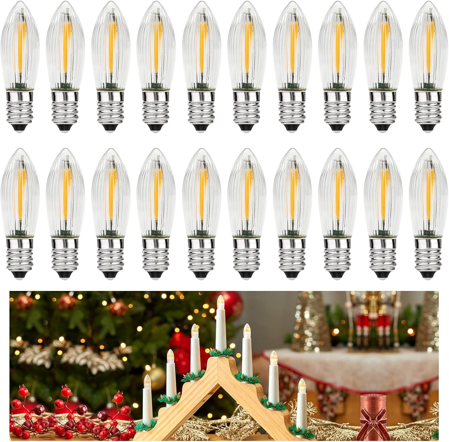 MZYOYO E10 LED Light Bulb, E10 LED Candles for Candle Arch, Candle Arch LED Candles 2100 K Warm White, E10 LED Tapered Candles LED Bulbs for Candle Arch, 0.2 W, 3 LM, AC14V-55V, Clear, Pack of 7