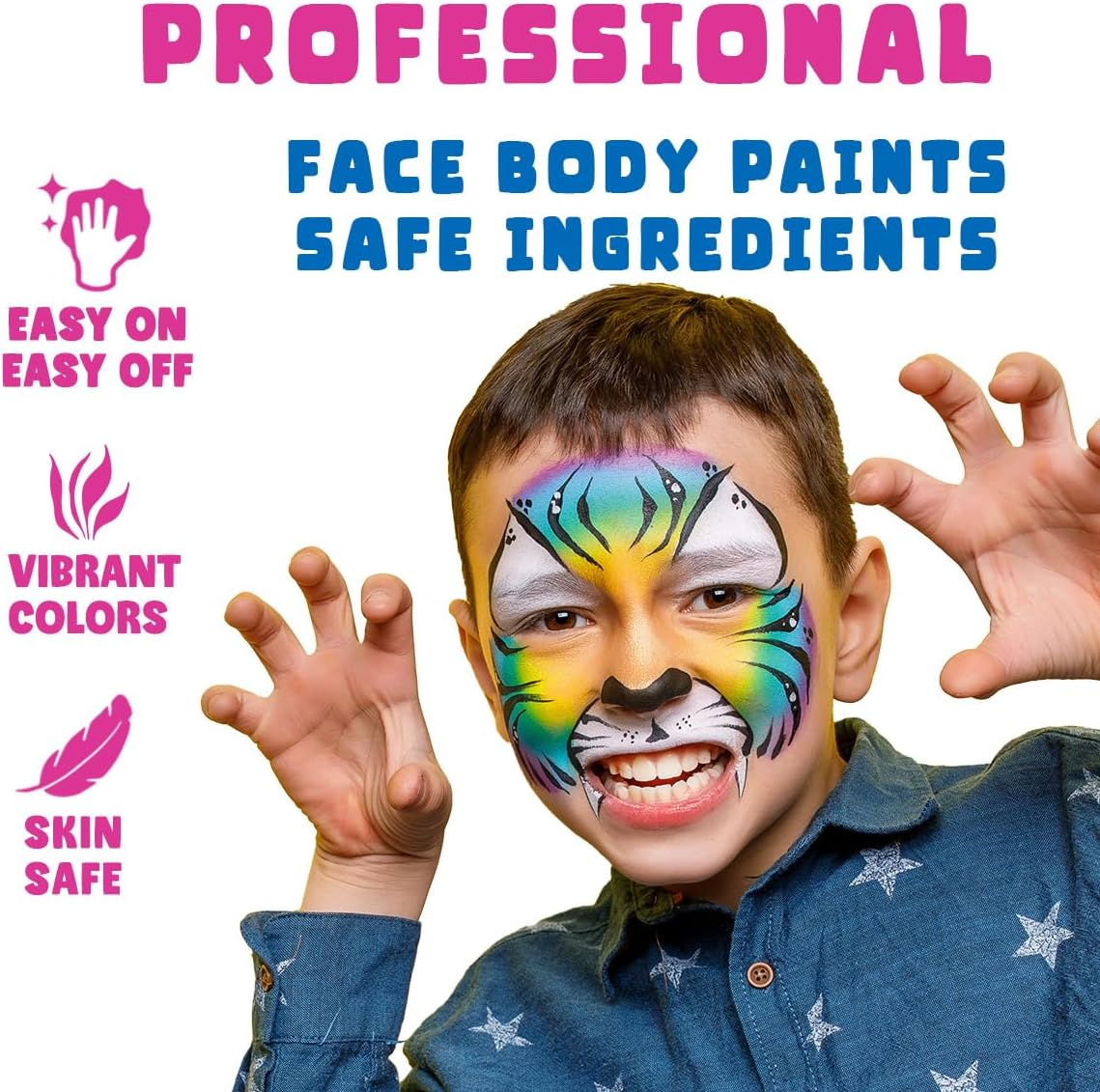 Bowitzki Face Paint 12X10 Gm Professional Body Painting Kit for Kids Adults Stencil One Stroke Split Cake Non Toxic Rainbow Flora Dolphin Unicorn Flame Makeup Halloween Christmas Easter - Bright Set image number 1