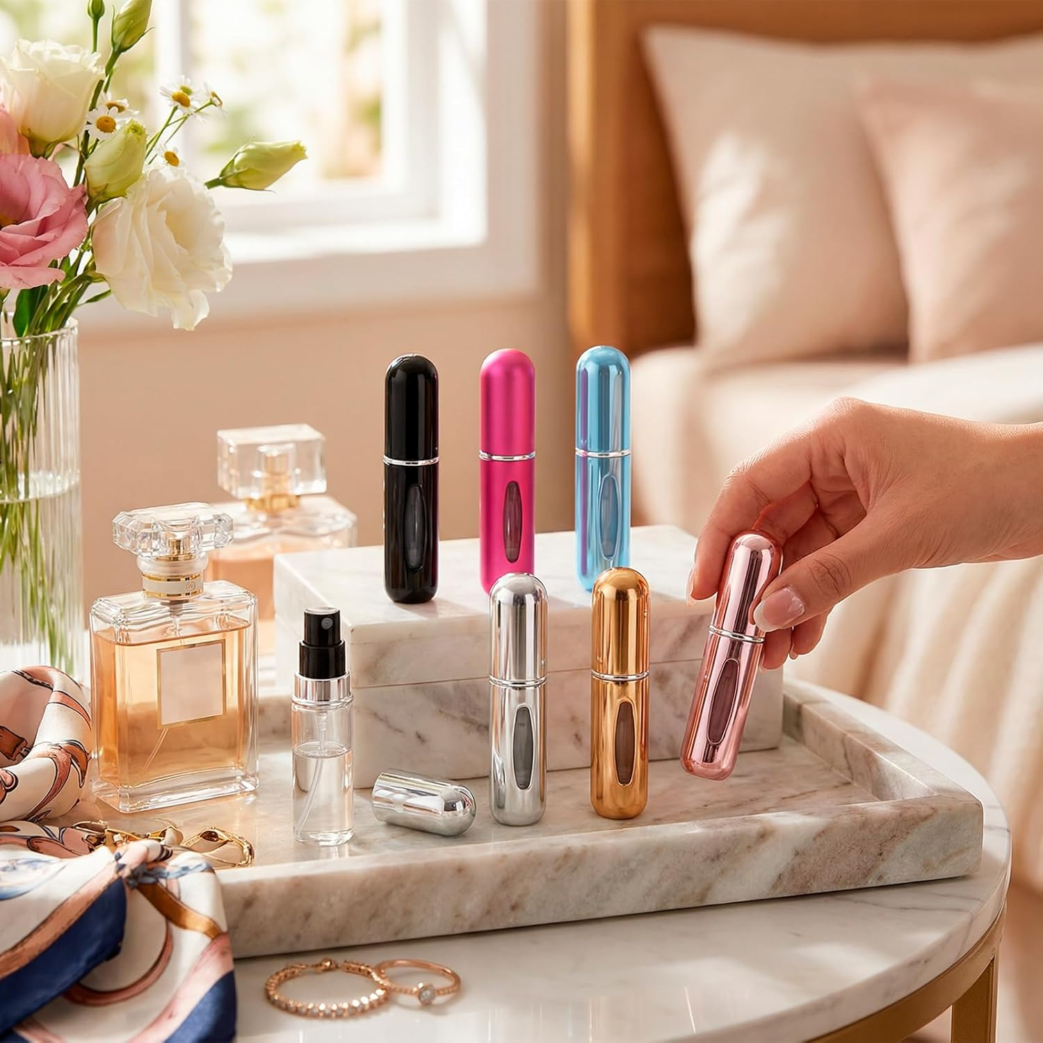 6Pcs Portable Perfume Travel Bottle, 5Ml Refillable Atomizer Set, Leak-Proof Mini Spray Bottles for Travel, Pocket & Purse, On-The-Go Fragrance Containers