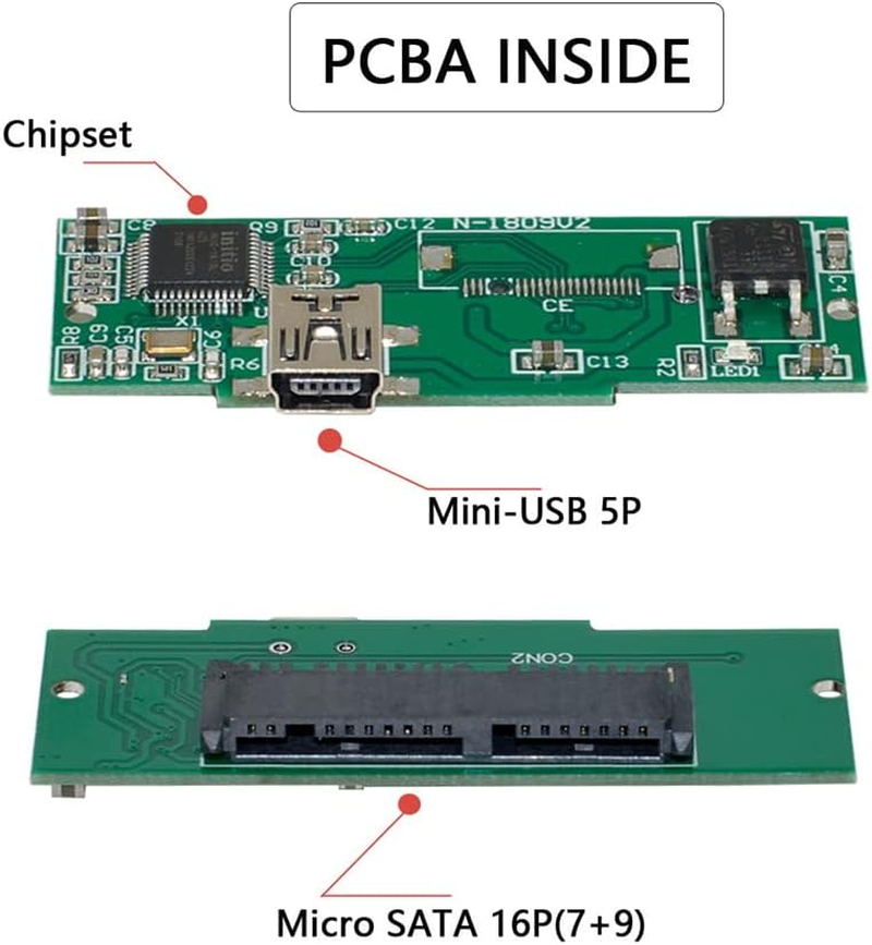 NFHK USB2.0 480Mbps to 1.8 Inch Micro SATA 16Pin 7+9 SSD HDD External Hard Disk Enclosure