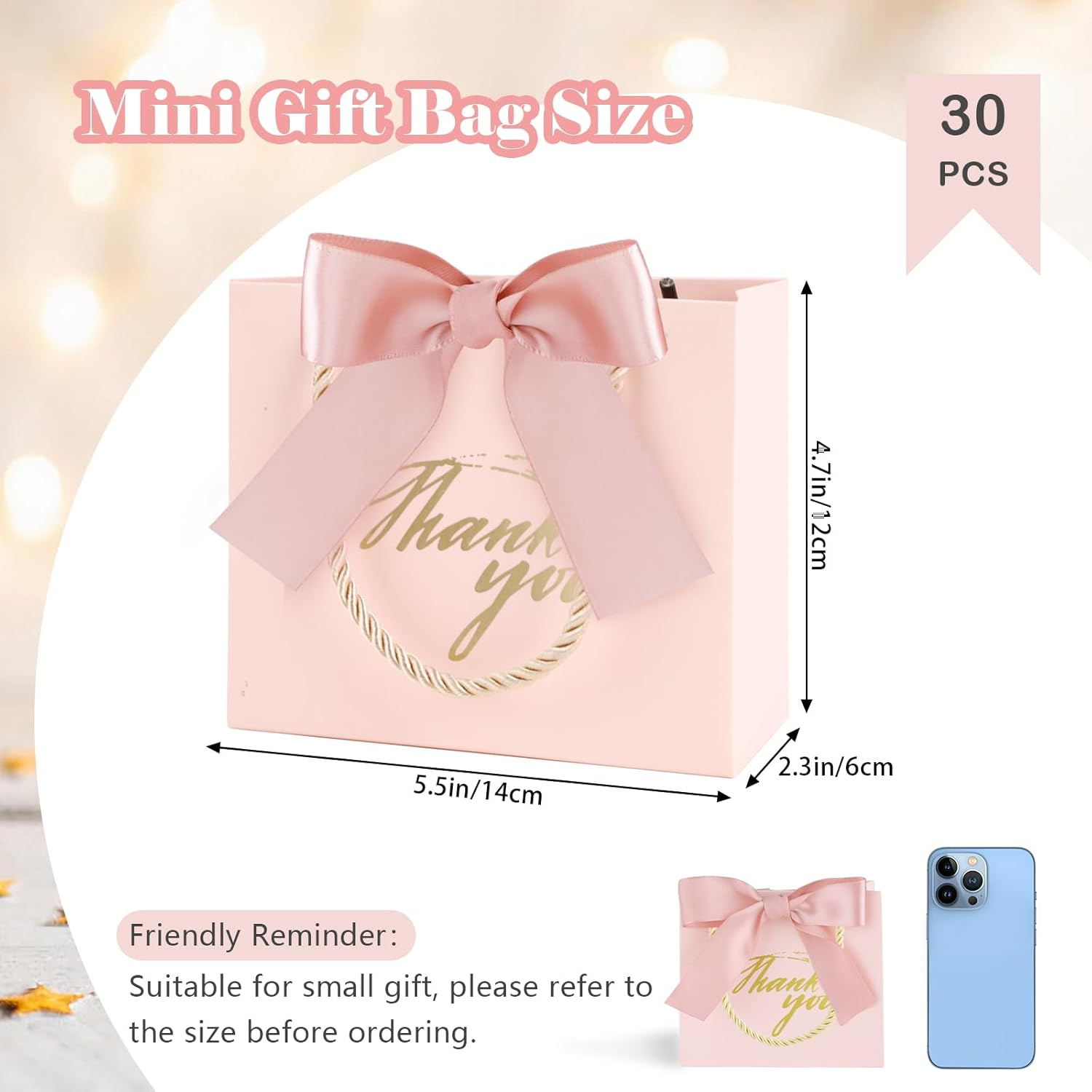 SHAIDOJIO 30Pack Small Thank You Gift Bags with Handle, Mini Pink Gift Bags Candy Bags Bulk with Bow Ribbon, Party Favor Bag for Wedding, Birthday, Bridal Shower, Baby Shower (5.5X2.5X4.7 Inch)