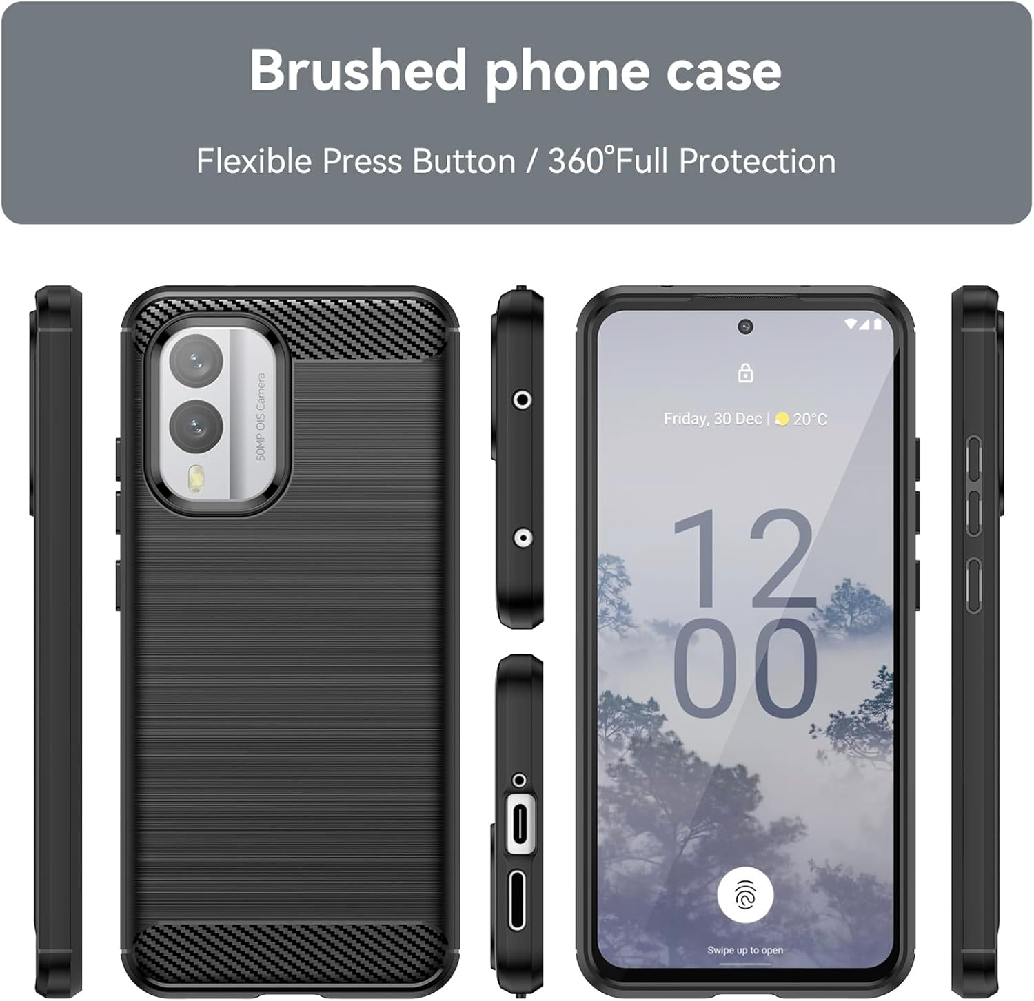 HEYUS Case for Nokia X30 5G, Shock-Absorption Brushed Flexible Soft Carbon Fiber Protective Cover for Nokia X30 5G - Black image number 3