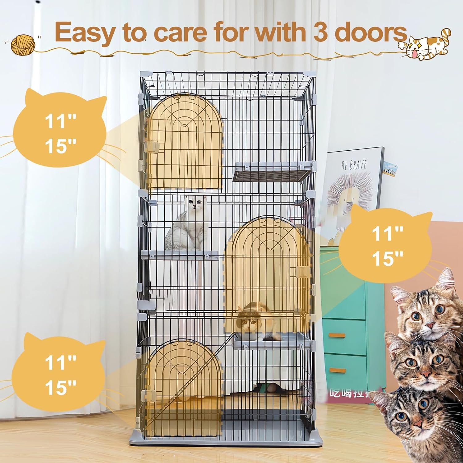 Cat Cage 3-Tier Indoor Cat Enclosure with Widen Bottom Buckle & Reinforced Locking Clamps DIY Cat Playpen for 1-2 Cats & Small Pets,30" L X 20" W X 52.5" H (Grey, Three-Tier) image number 2