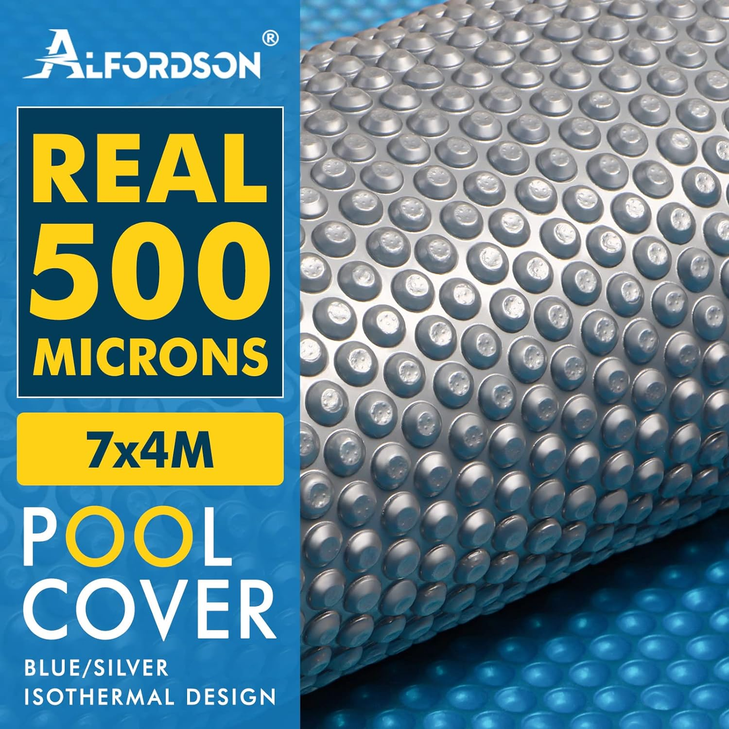 ALFORDSON Pool Cover 500 Microns Bubble 7M X 4M Solar Swimming Blanket with Isothermal Design, Keep Pool Clean and Easy to Cut - Blue and Silver image number 1