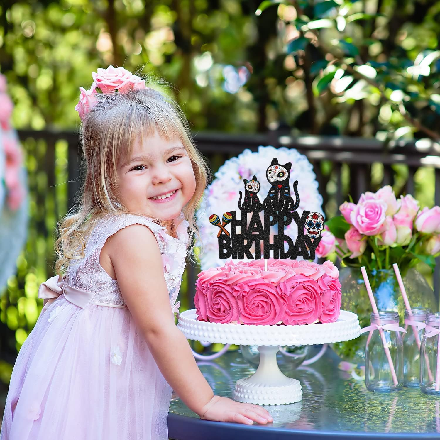 Halloween Sugar Skull Cat Happy Birthday Cake Topper - Halloween Skeleton Day of the Death Cake Topper Supplies - Gothic Mr Mrs Wedding Party Decoration image number 5