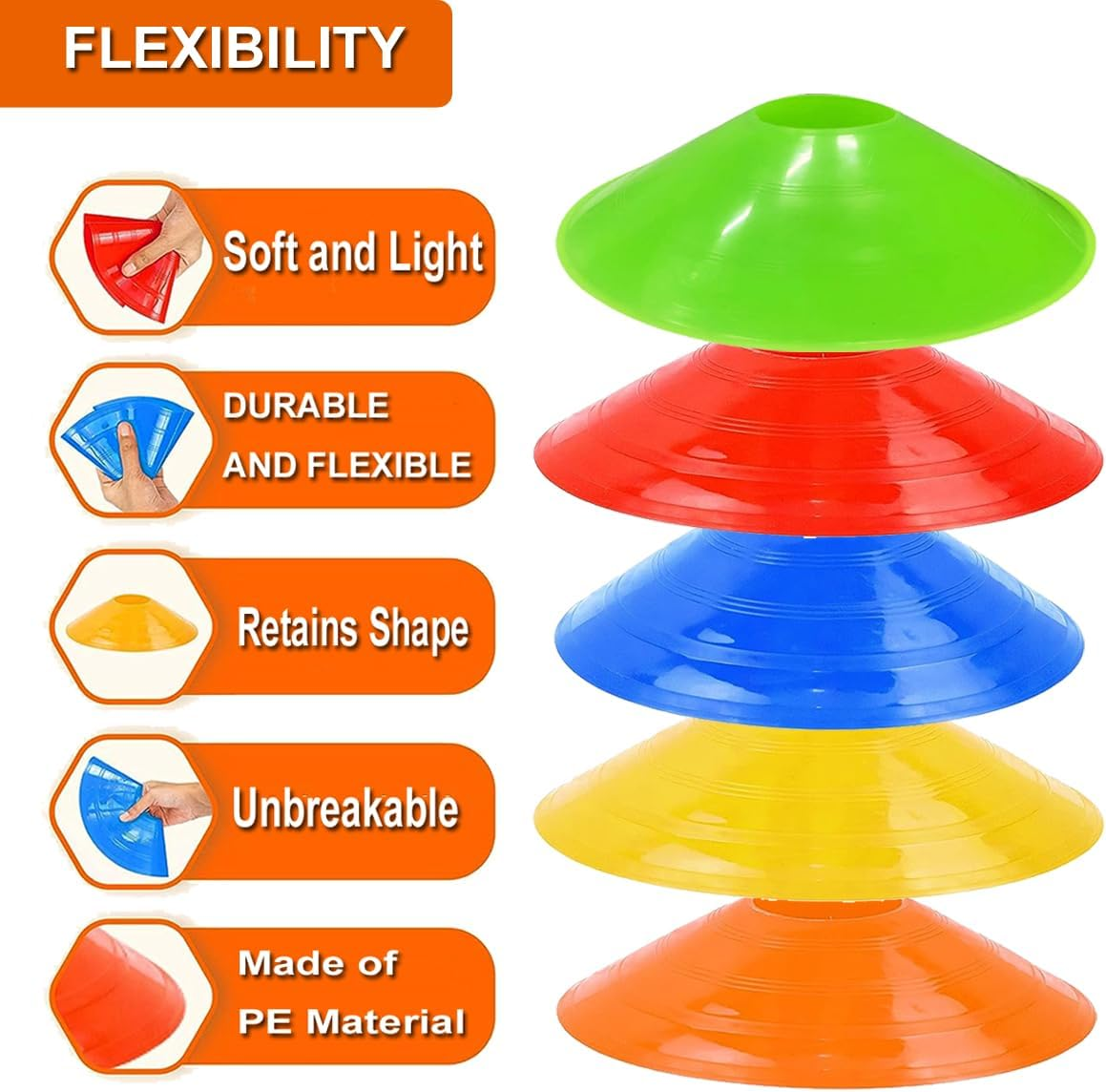 Augctoer 50 Pack 7.5Inch Agile Football Cones with Portable Bags and Strap,Suitable for Football Training,Cones for Sports Training,Basketball Cones, 5 Color