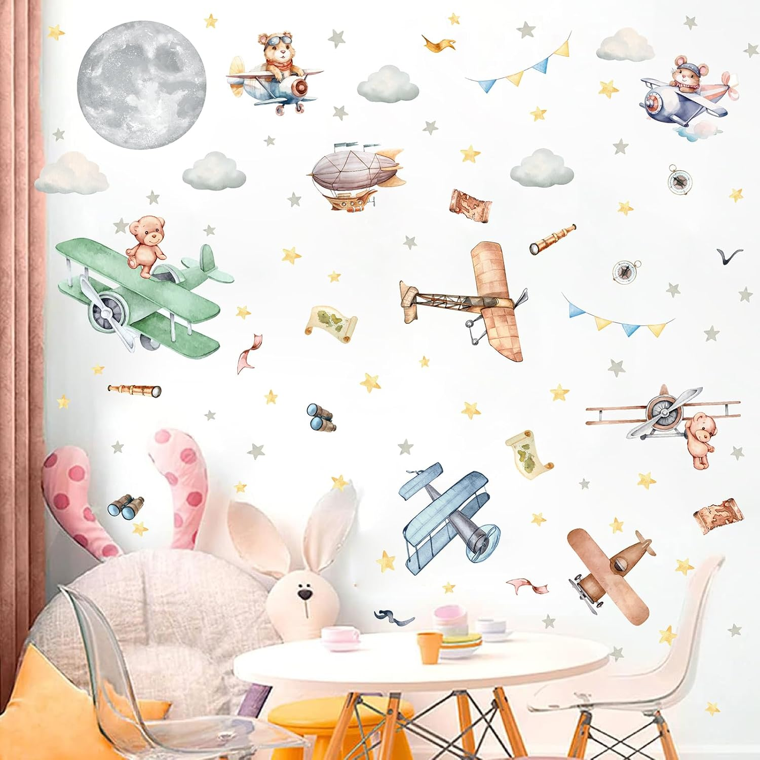Vintage Airplane Wall Decals Cartoon Aircraft Balloon Animal Wall Stickers Moon Star Cloud Fabric Wall Stickers Cute Helicopter Watercolor Plane Wall Decals for Boys Room Kids Bedroom Nursery Decor