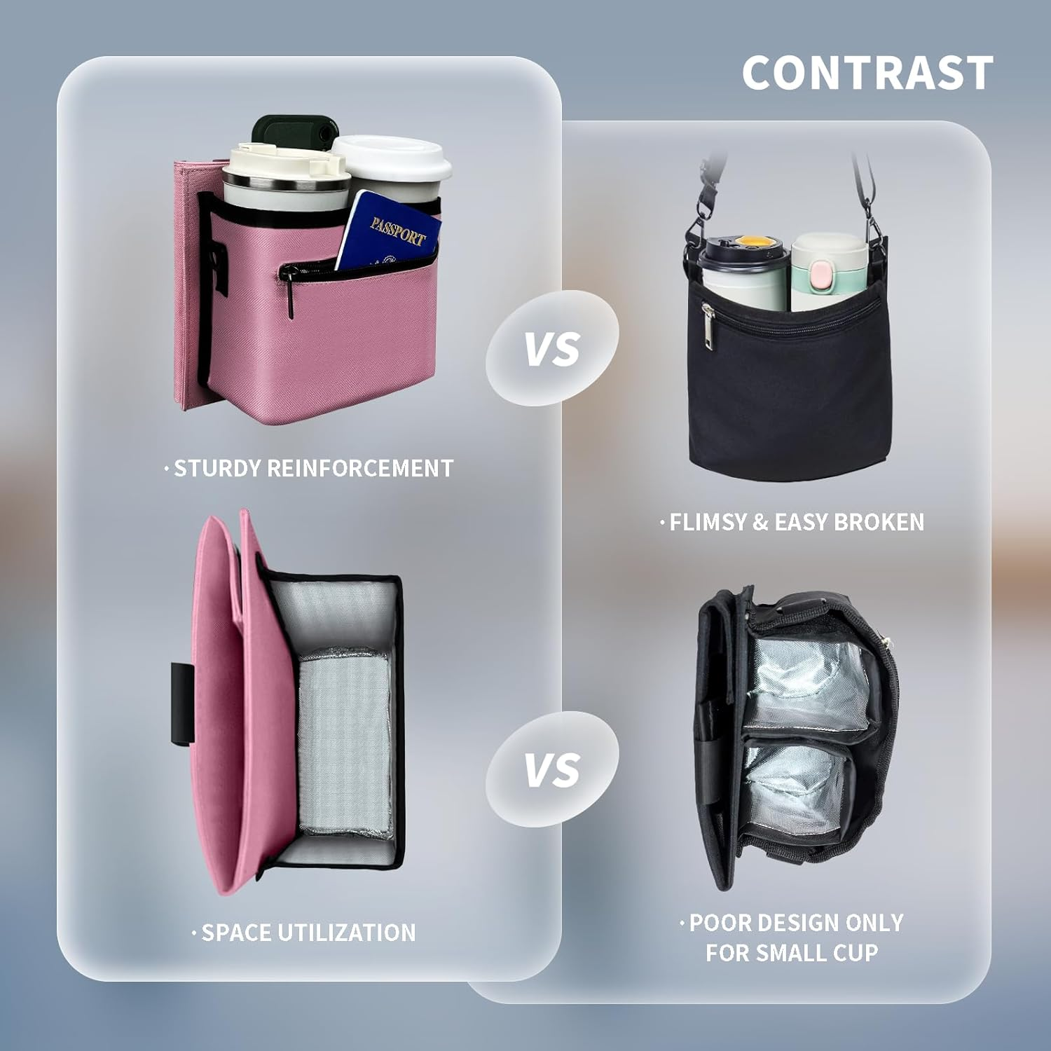 Vethers 3 in 1 Travel Luggage Cup Holder, Luggage Straps, Shoulder Bag for Suitcases Add a Bag，Convenient Travel Carry-On Accessories for Hands-Free Convenience (Pink) - Gray Magnet image number 6