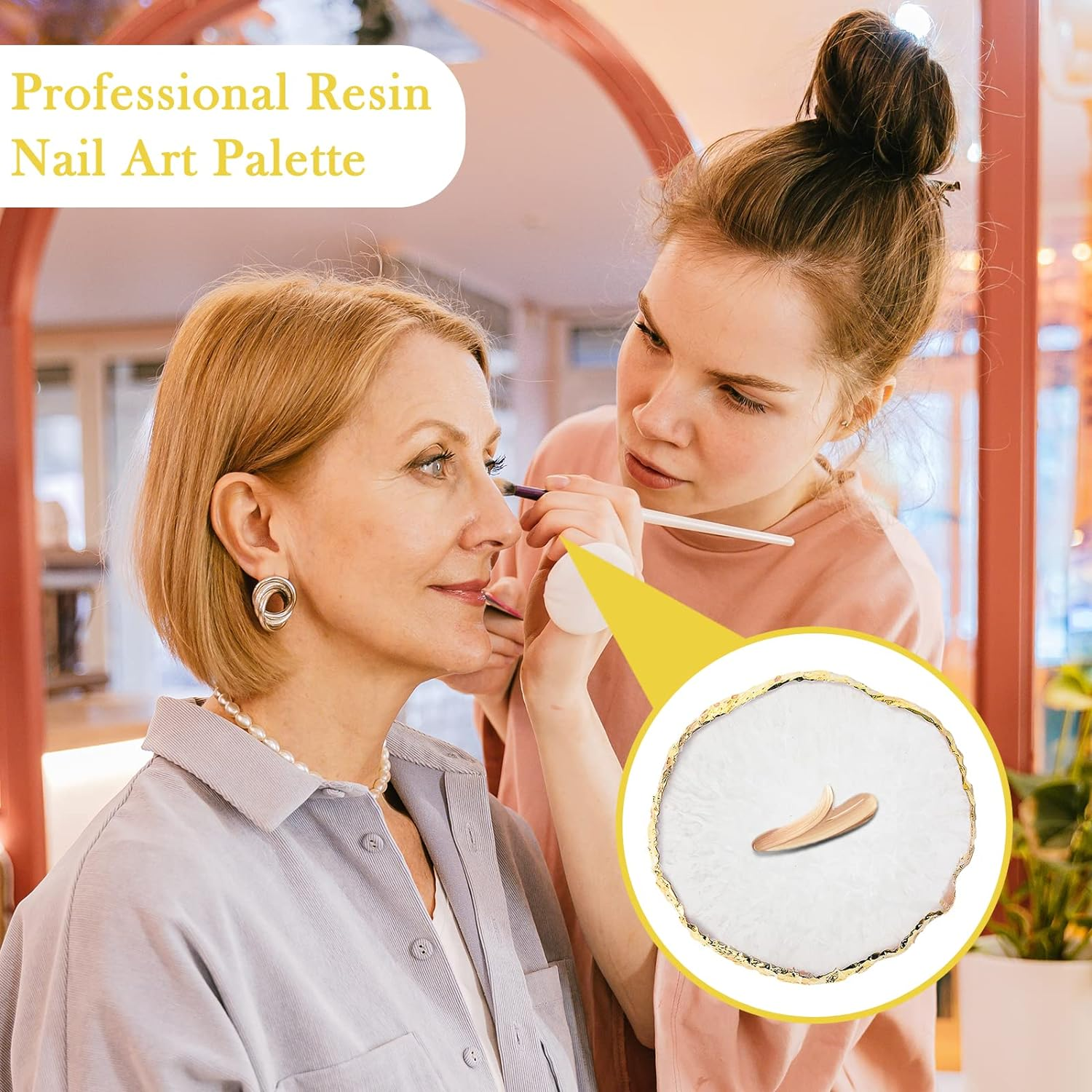 YUNAI Resin Nail Art Palette, Gold Edge Nail Art Painting Plate for Makeup, Nail Paint Palette Resin, Nail Tip Holder, Nail Art Display (White) image number 2