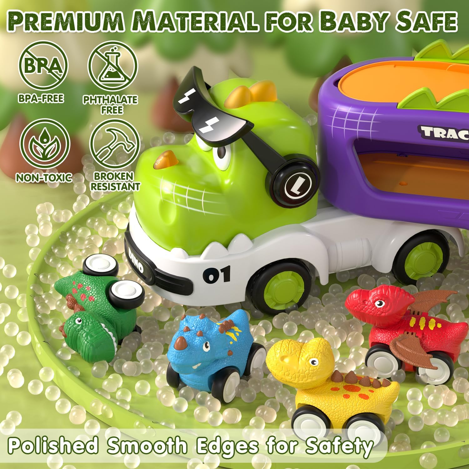 Lehoo Castle Dinosaur Toys for 2 Year Old Boys, 2 Year Old Boy Gifts, Monster Truck Toy Cars, 5 in 1 Friction Power Transport Vehicle Toys with Light and Sound 4 Pull Back Cars image number 2