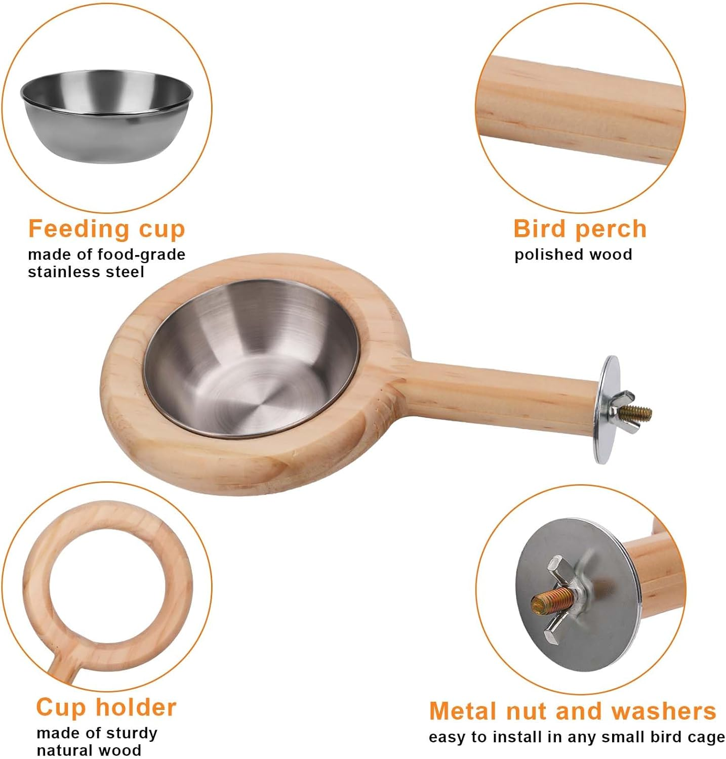 Bird Perch with Bird Feeding Cup, Parrot Wood Perch Tree Bird Perch Stand, Solid Wood Perch for Bird Cage Accessories for Parakeet Lovebird Cockatiel Small Birds image number 2