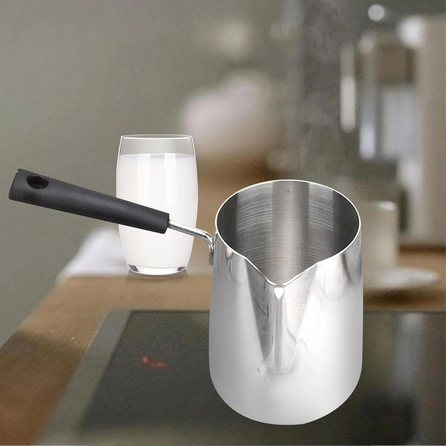 Folpus Milk Frothing Pitcher Jug Espresso Latte Art Cup Coffee Bar Accessories Long Handle Milk Jug for Hotel Warm Tea Hot Chocolate, 250Ml image number 3