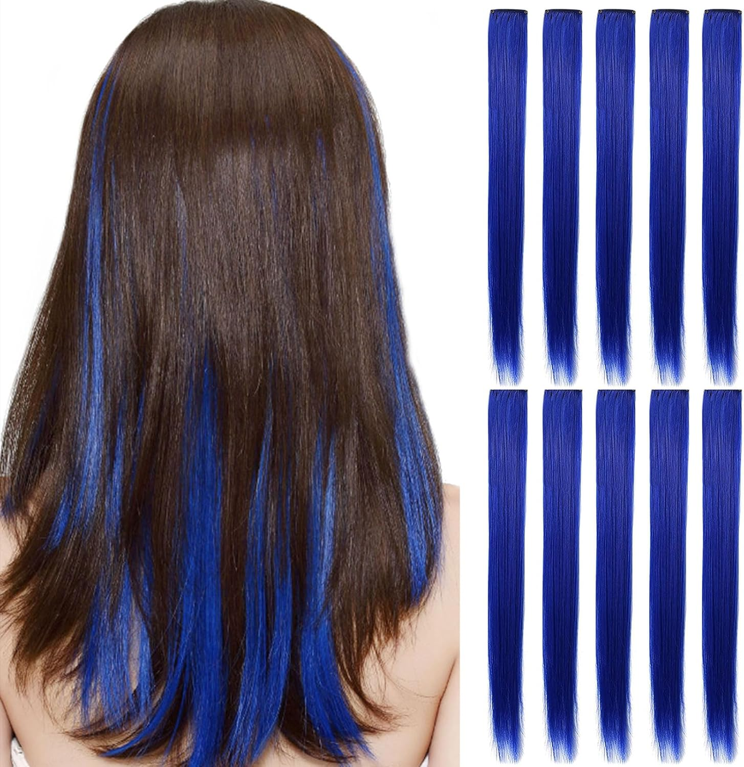 Rhyme 9PCS 21" Colored Clip in Hair Extensions Blue Hair Extensions for Women Girls Hair Clips Party Highlights Hair Accessories (Blue) image number 5