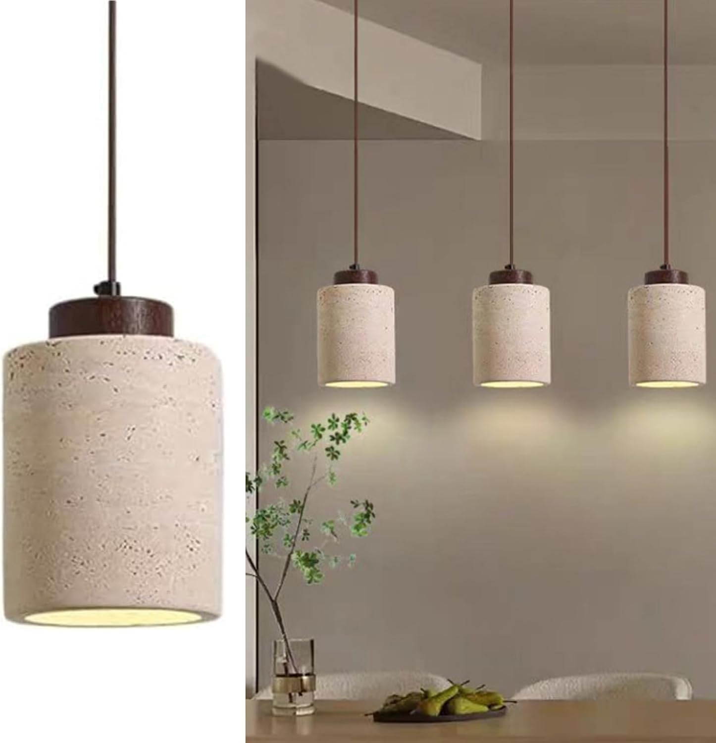 Nordic Pendant Light with Natural Stone Shade and Wood Accents, Cylinder Hanging Ceiling Light for Kitchen Island, Dining Room, Bedroom, Modern Rustic Chandelier (Walnut Color,10X17Cm) image number 4