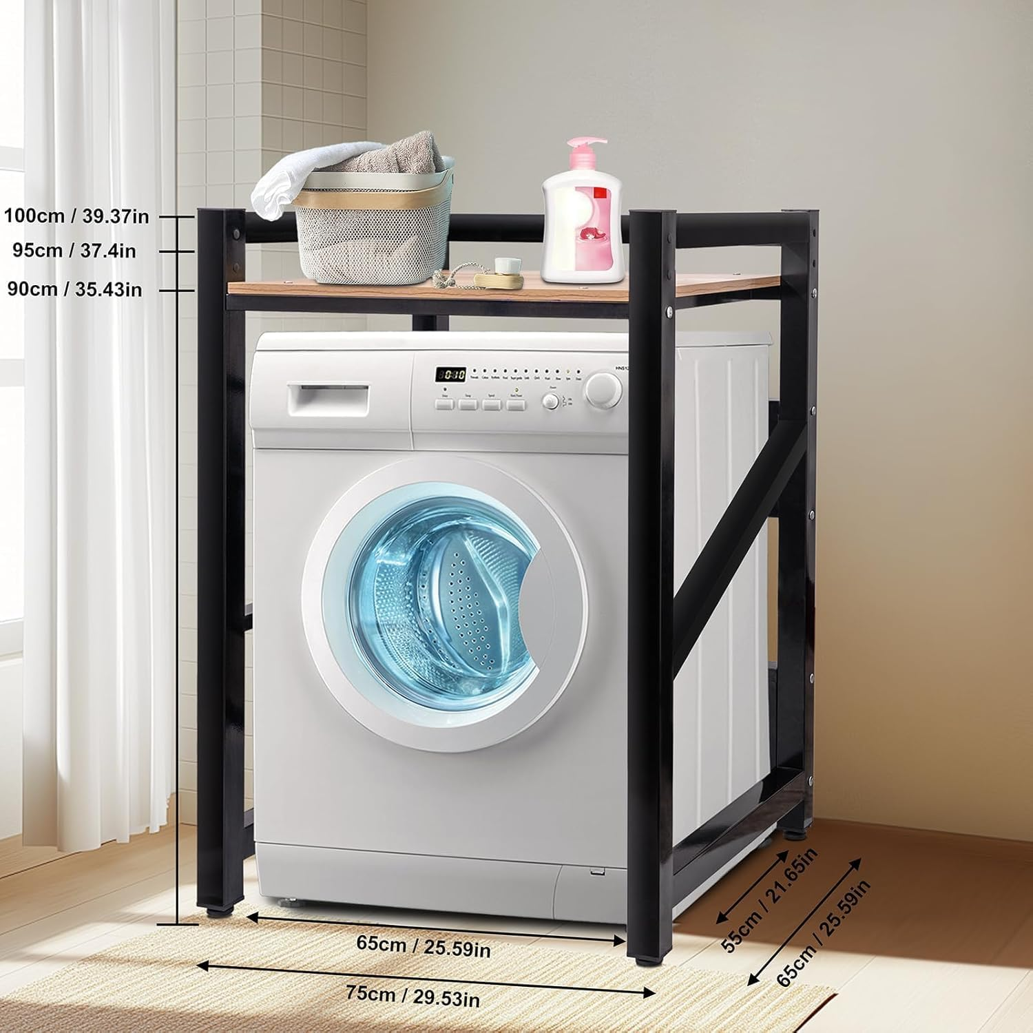 Washing Machine Storage Rack Height Adjustable Washer Dryer Stacking Rack with Adjustable Shelves 1.2Mm Wall Thickness Load Capacity 350Kg for Bathrooms Laundry Rooms Balconies (Black) image number 6