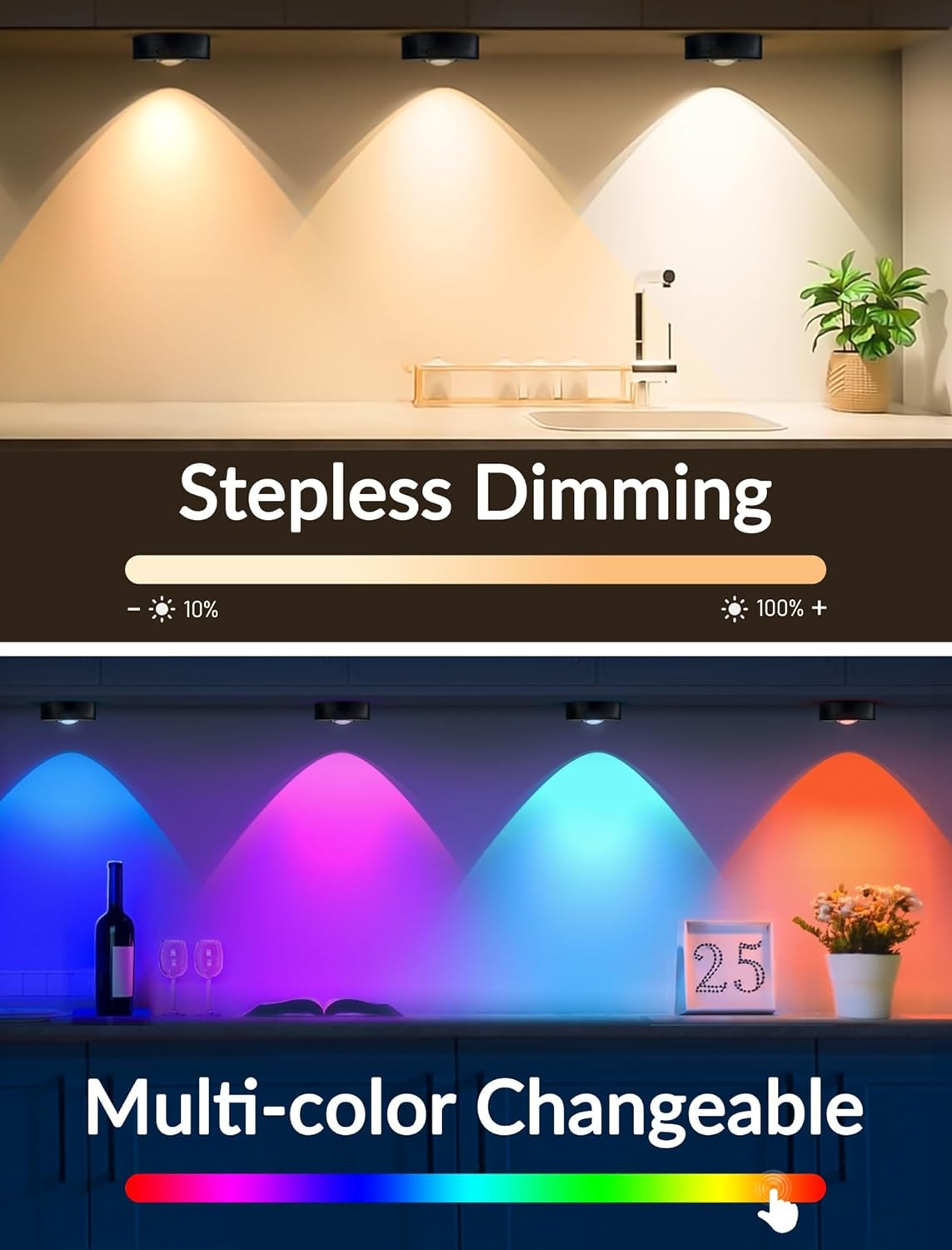 MERTTURM Rechargeable RGB Puck Light, 1200 Mah Wireless Cupboard LED Cabinet Light, Dimmable Stick on Wall Light with Remote Control/Timer for Wardrobe/Kitchen-3 PCS image number 6