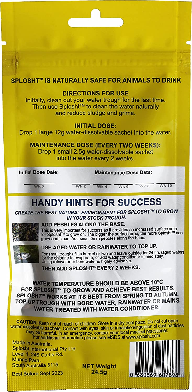 Splosht Water Trough Pack - Dissolvable Sachets - No Measuring. Reduces Algae and Sludge Naturally - Safe for Horses, Sheep and Cattle. - Treats 100-1000 Litres for 3 Months.