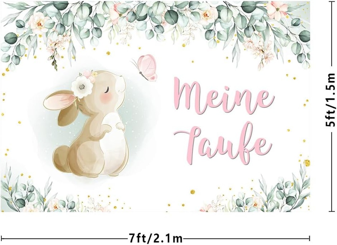 MEHOFOND 2.1 X 1.5 M My Christening Background Rabbit Butterfly Eucalyptus Leaves Flowers Background Boys Girls Newborn Baby Shower First Communion Christening Party Banner Photo Props image number 3