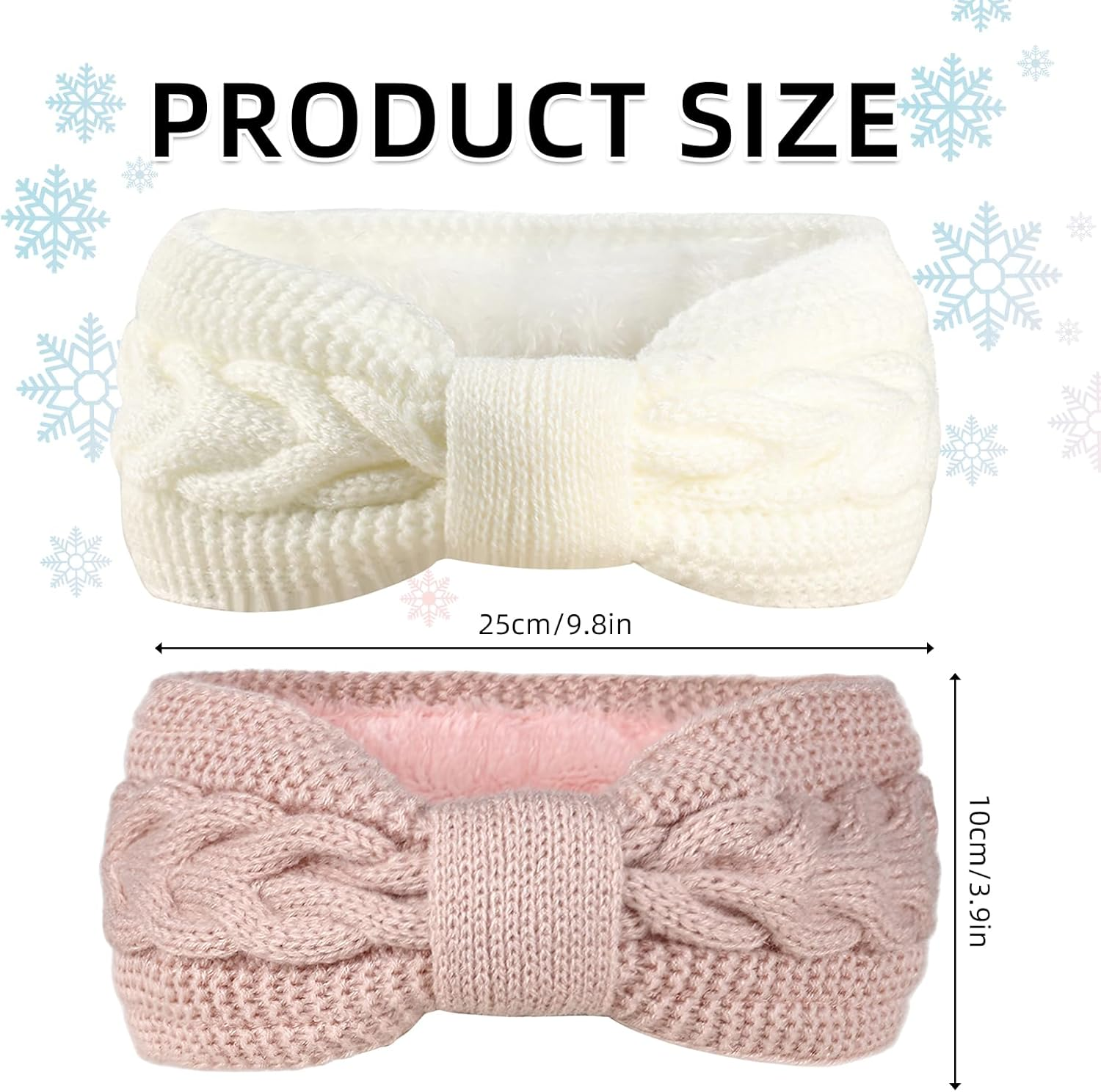Pack of 2 Women'S Winter Headbands, Knotted Knitted Headband, Women'S Knitted Ear Warmers, Hair Band, Thick Headwrap Hair Bands, Girls Ear Warmers Headbands (White + Pink)