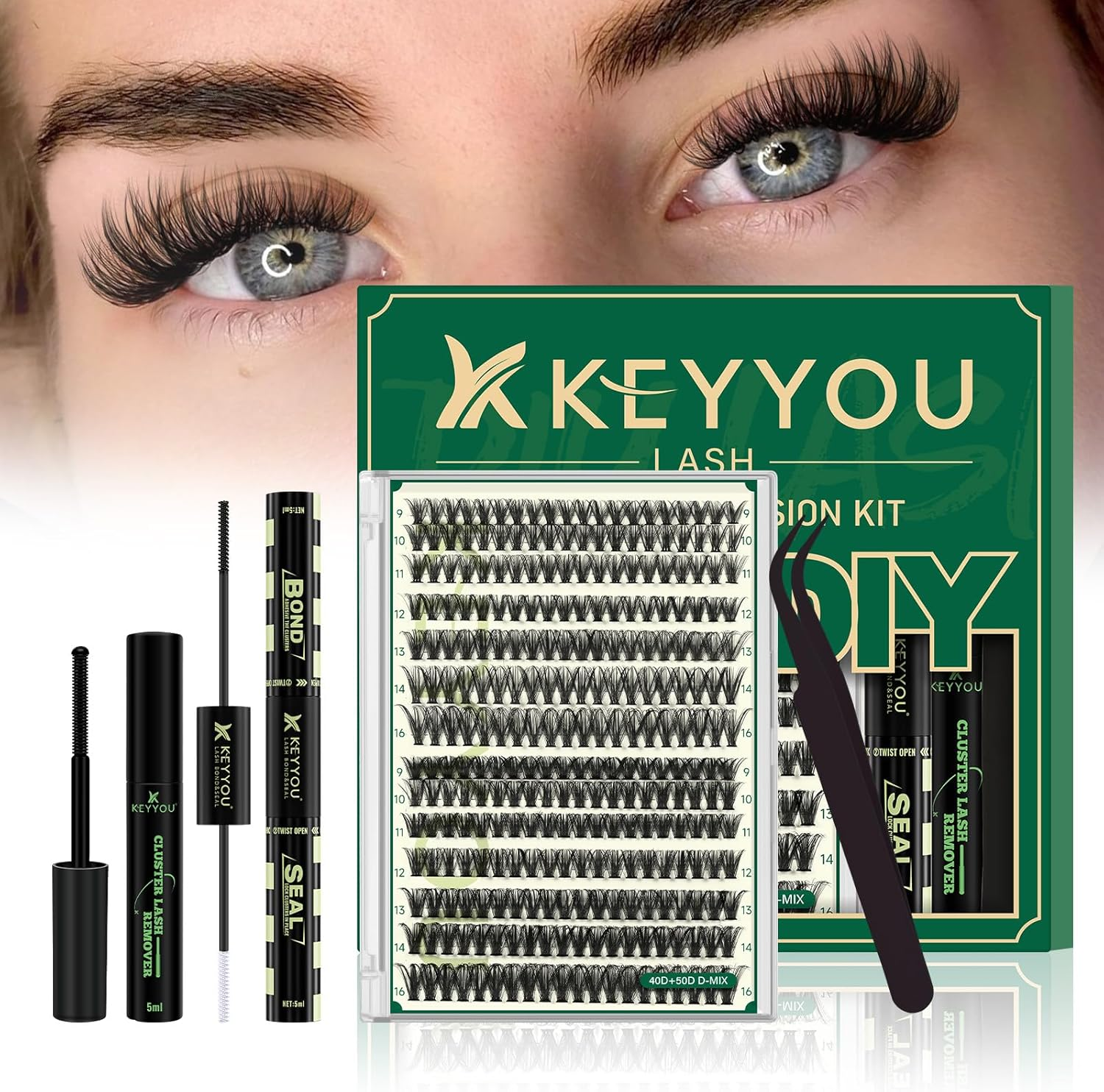 KEYYOULASH DIY Lash Extension Kit 280Pcs Individual Eyelash Extension Kit 40D50D D Curl 9-16MIX Lash Clusters with Glue Remover Applicator Easy to Use for Beginners(Kit-40D50D-D-9-16Mix) image number 5