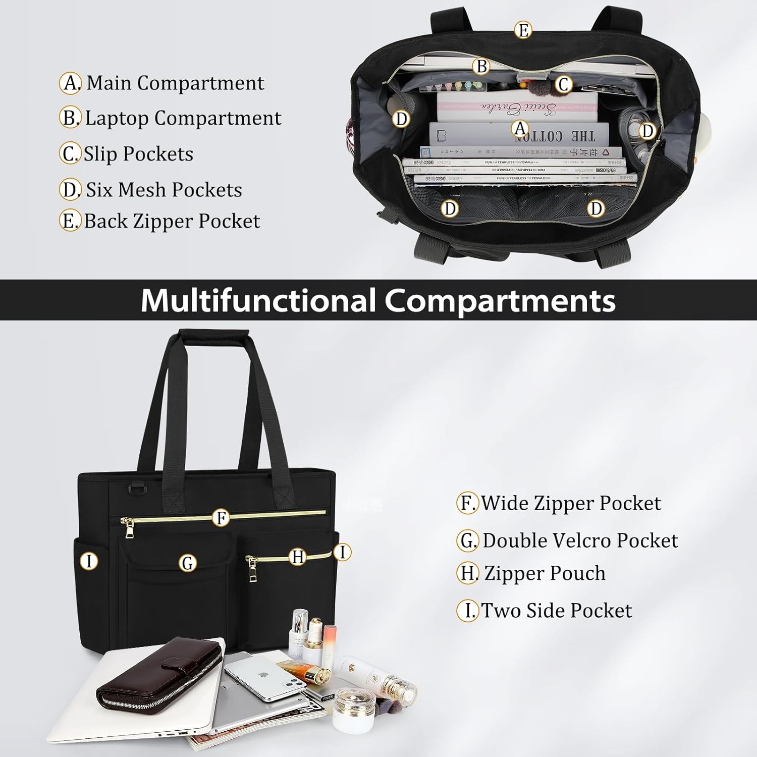 NEWHEY Tote Bag with Zipper Large Work Tote Bags for Women 15.6 Inch Laptop Tote Bag Canvas Tote Bag for School Travel Black image number 6