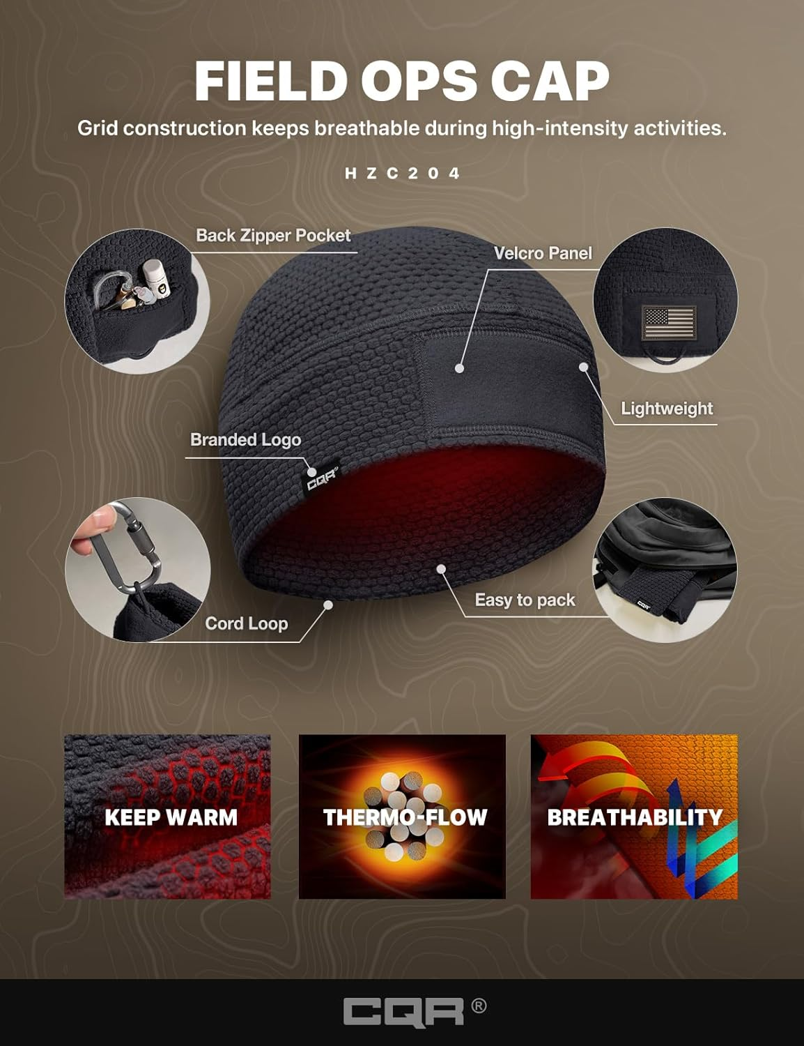 CQR Men'S Fleece Tactical Beanie, Lightweight Army Military Skull Cap, Soft Warm Winter Hat with Small Pocket image number 3