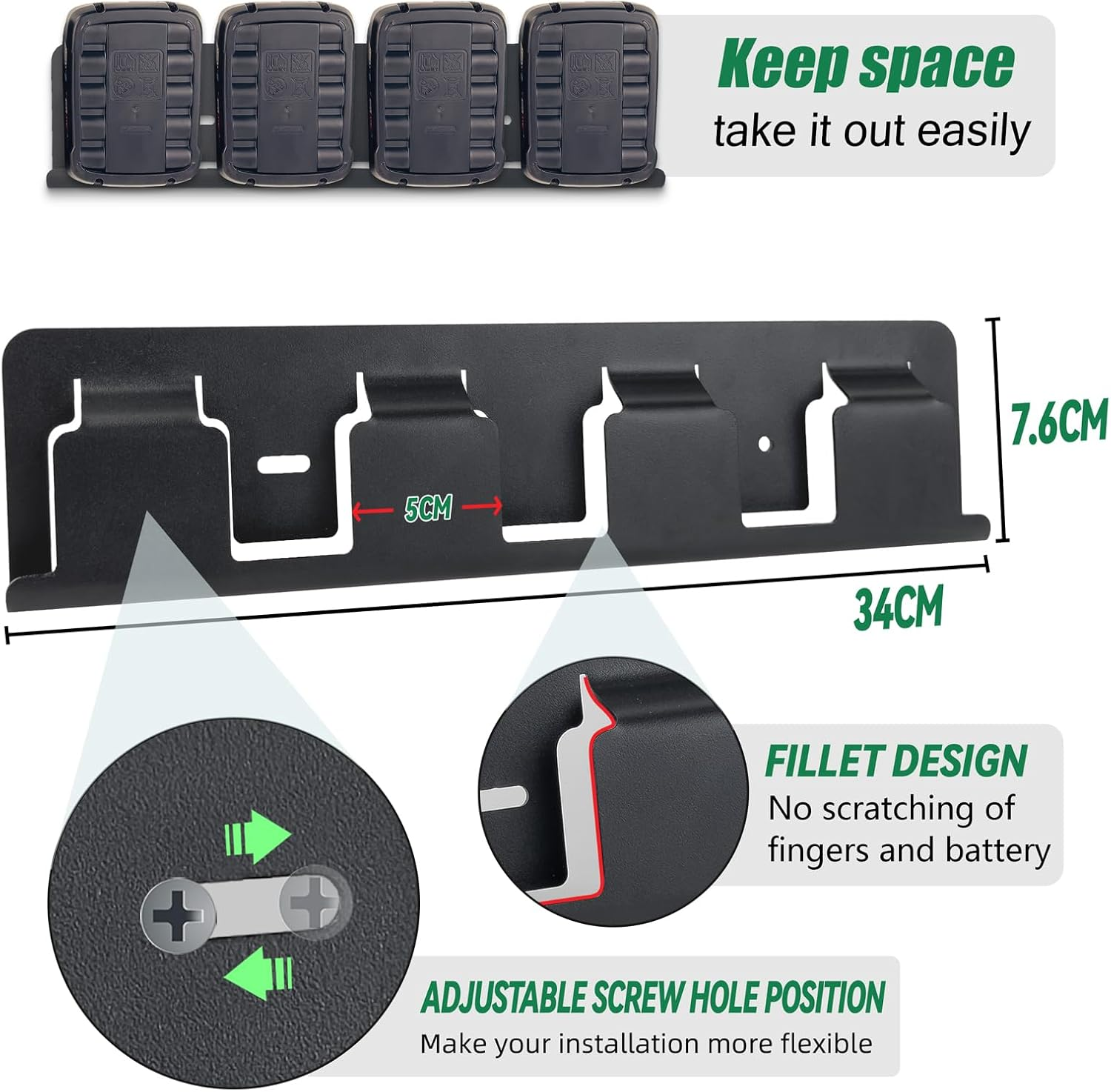 Otuiaim Wall Mount for 4 Batteries PBA 18 V Compatible with Bosch Home and Garden Drills, Reinforced Solid Steel Battery Holder Universal for Tool Battery, Mounting on Perforated Walls & Walls image number 2