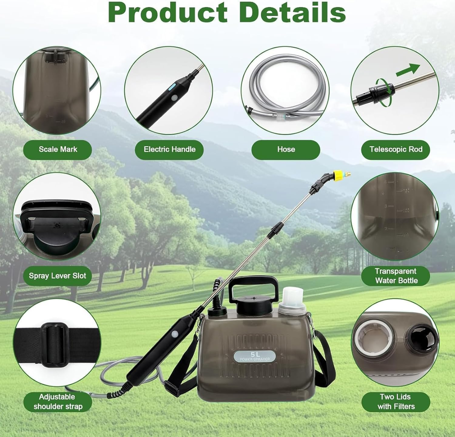 Battery Powered Sprayer, Upgraded 8L Electric Garden Sprayer, Adjustable Telescopic Wand, 3 Mist Nozzles, Shoulder Type Weed Sprayer for Yard, Lawn and Garden-Grey image number 5