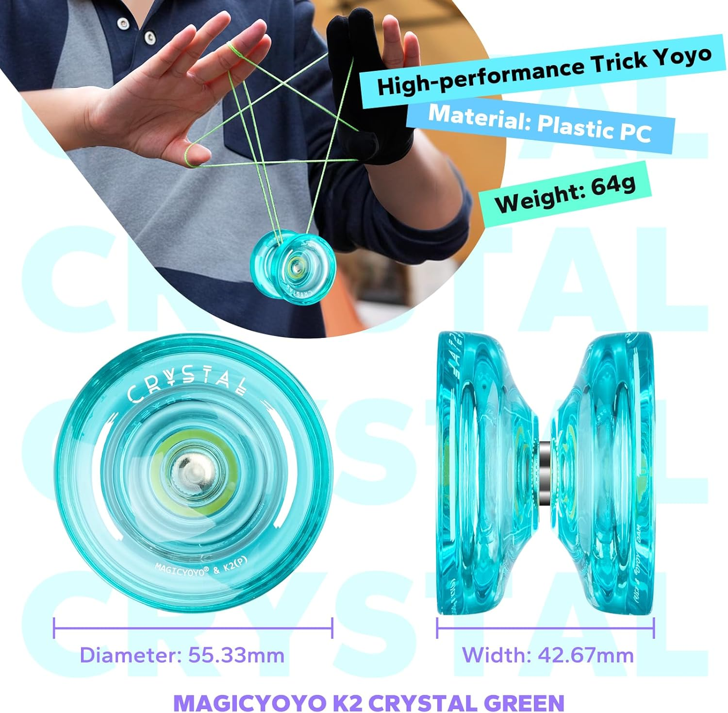 MAGICYOYO K2 Green Responsive Plastic Fingerspin Yoyo for Kids Beginners Yo-Yo with Yoyo Glove, Yoyo Bag, 12 Yoyo Strings image number 5