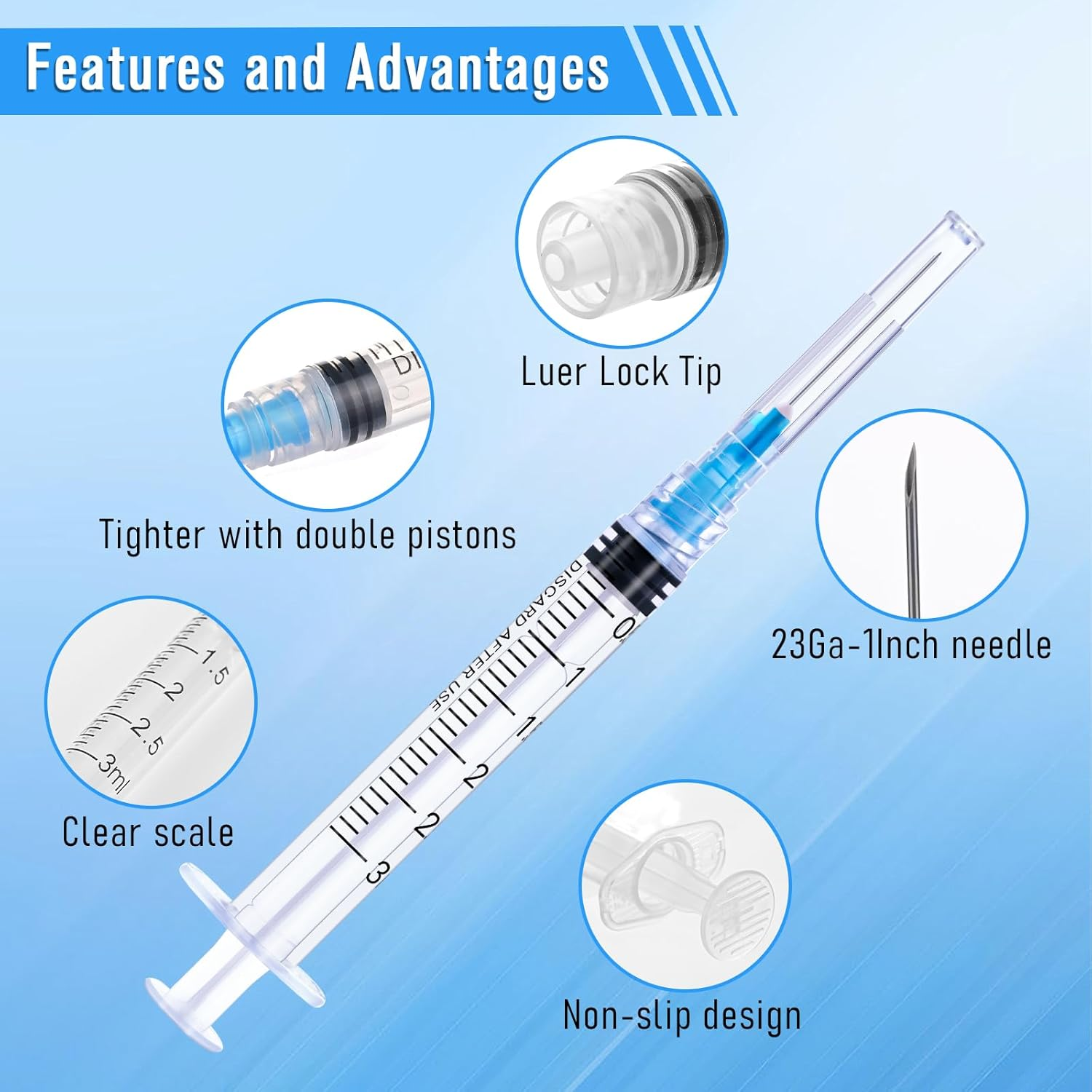 3Ml/Cc Syringes with 23G 1 Inch 25Mm Needle, Disposable Syringe Forlab Measuring Supplies, Individually Wrapped, Pack of 20