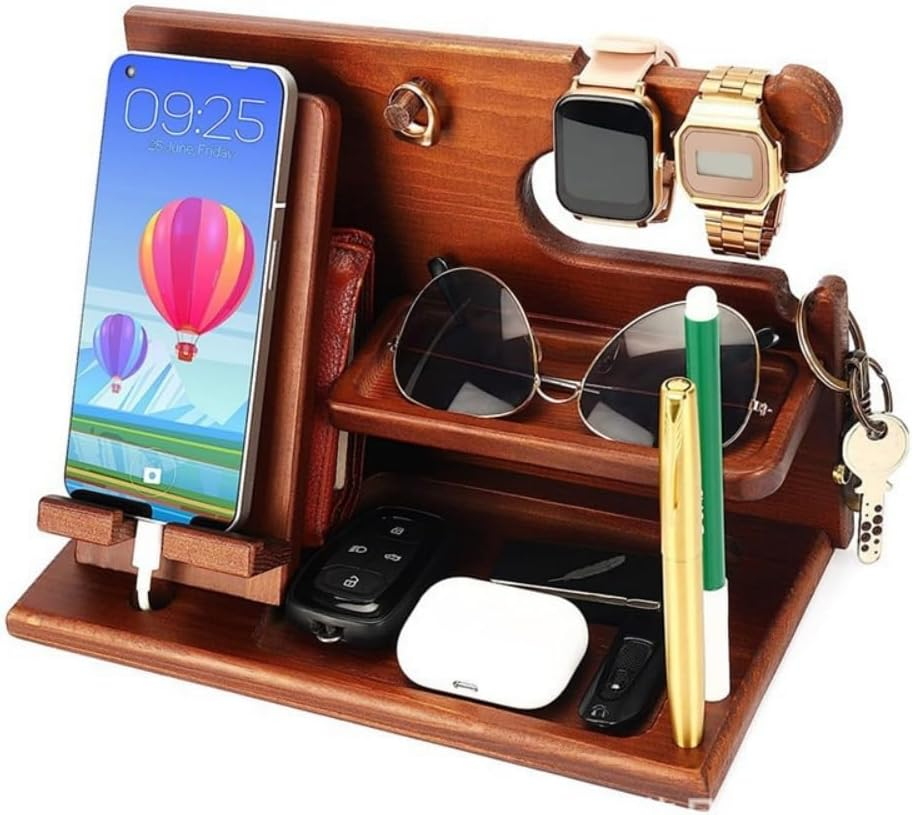 Yizunnu Wood Phone Docking Station for Men - Wooden Nightstand Organizer Birthday Gifts for Men or Dad for Men Graduation Anniversary Idea Birthday Gifts image number 1